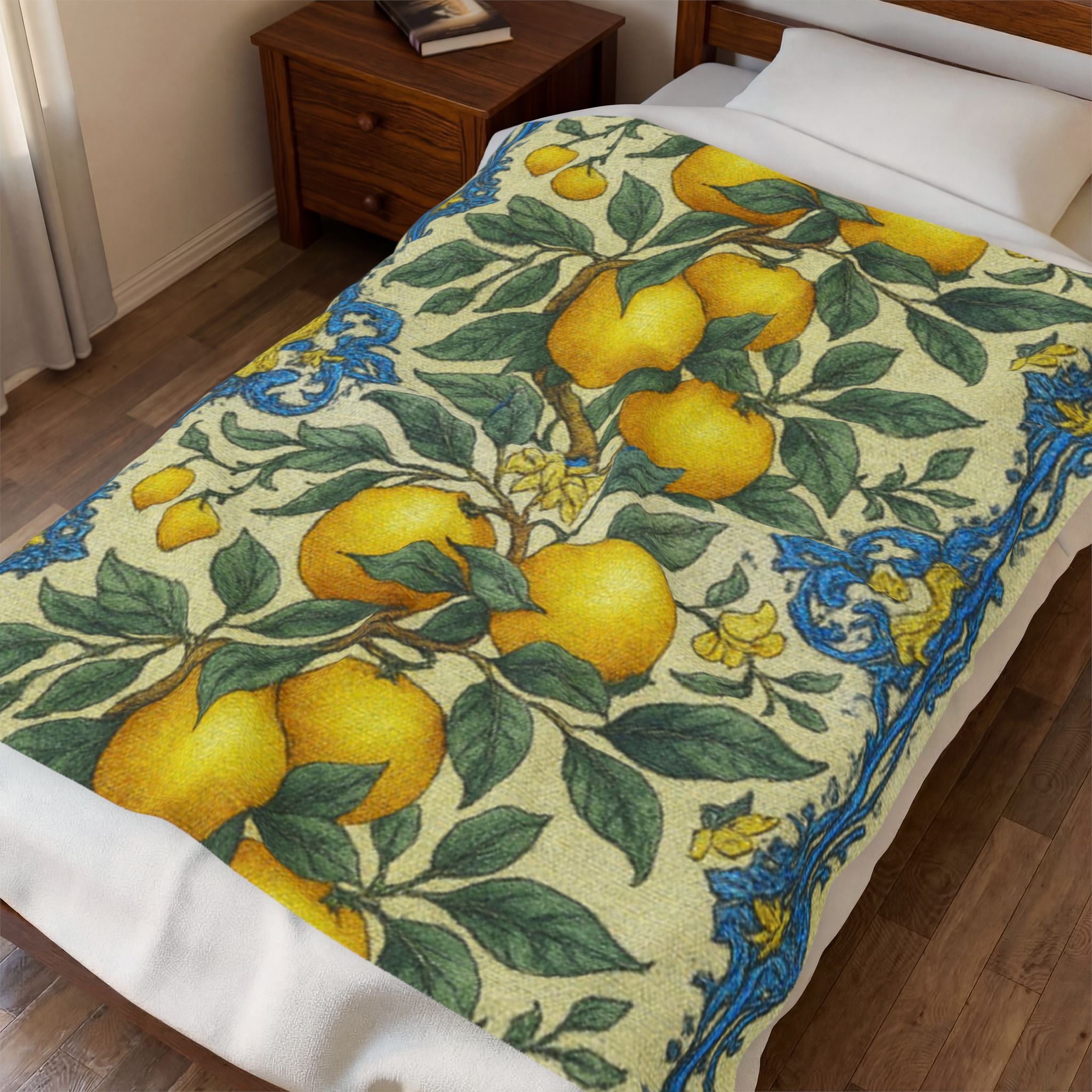 Citrus Riviera Orange Blossom Velveteen Plush Blanket – Mediterranean Botanical Throw | William Morris Style