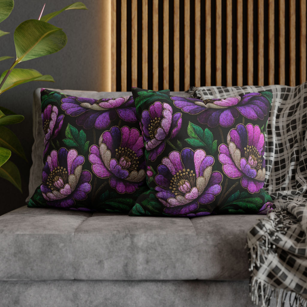 Petrykivka Bloom Pillowcase | Purple Peony Floral Throw Pillow Cover | Moody Embroidered Look Cushion Case