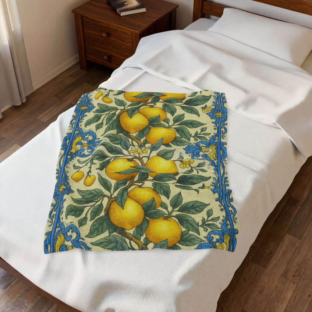 Citrus Riviera Orange Blossom Velveteen Plush Blanket – Mediterranean Botanical Throw | William Morris Style
