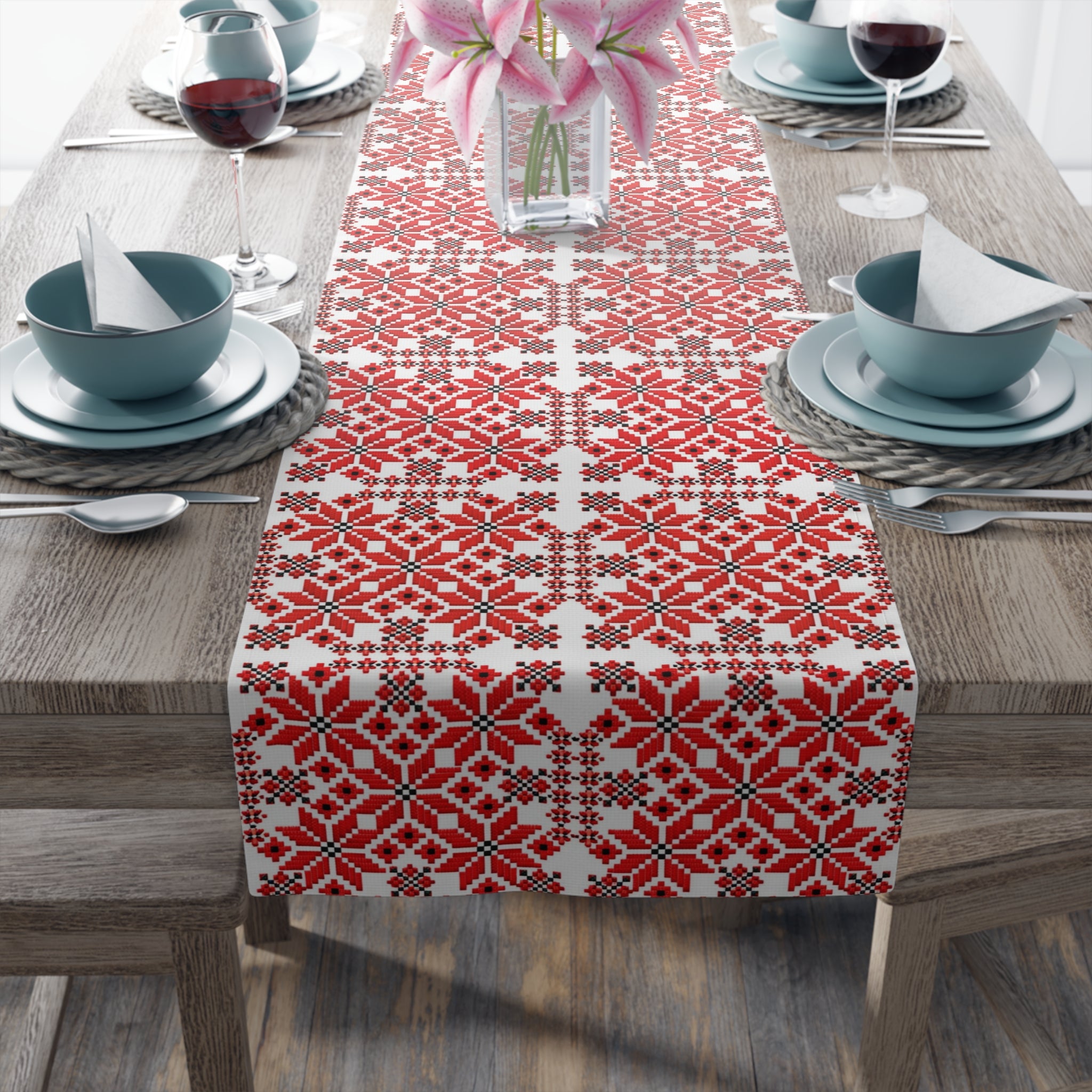 Mariia Red Ukrainian Pattern Table Runner – Traditional Geometric Terracotta & Cream Design
