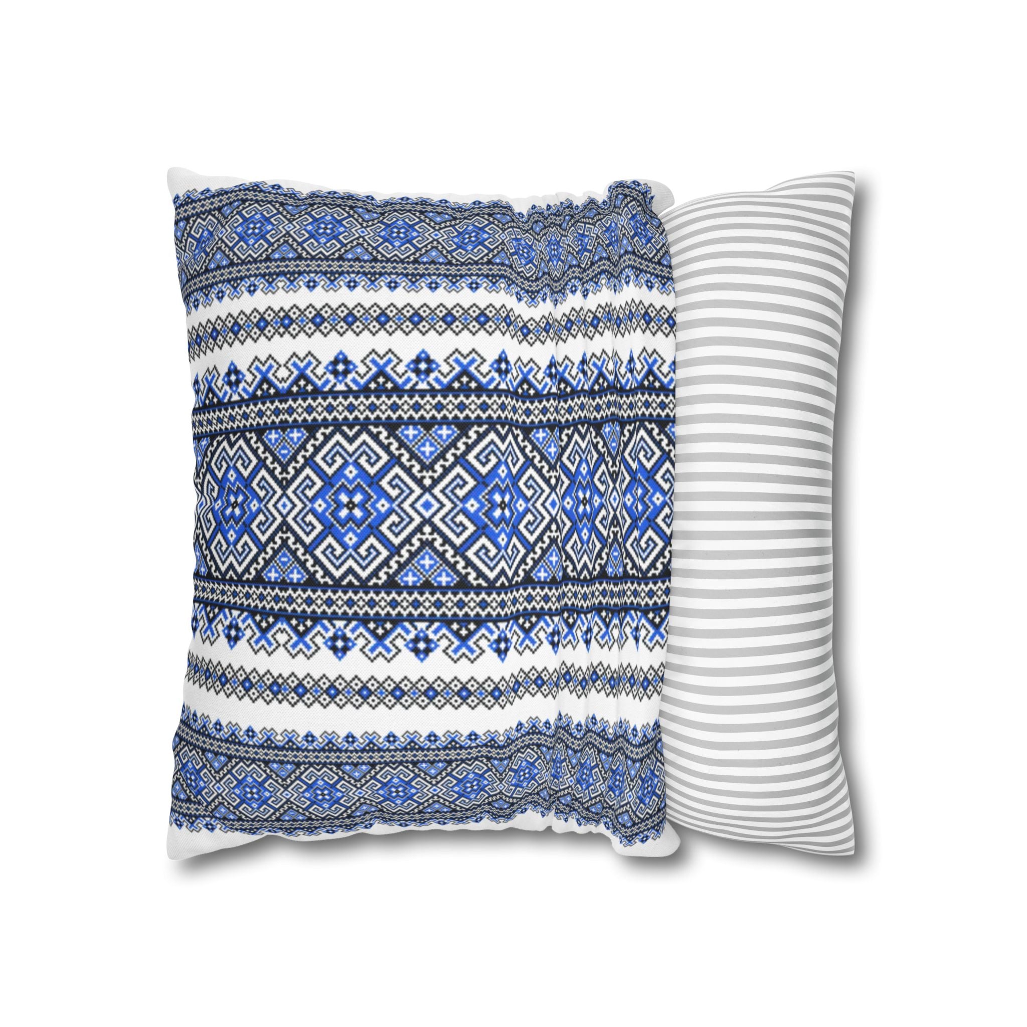 Stasia Blue Pillow Cover | Ukrainian Folk Floral Art | Indigo Geometric Cushion Cover