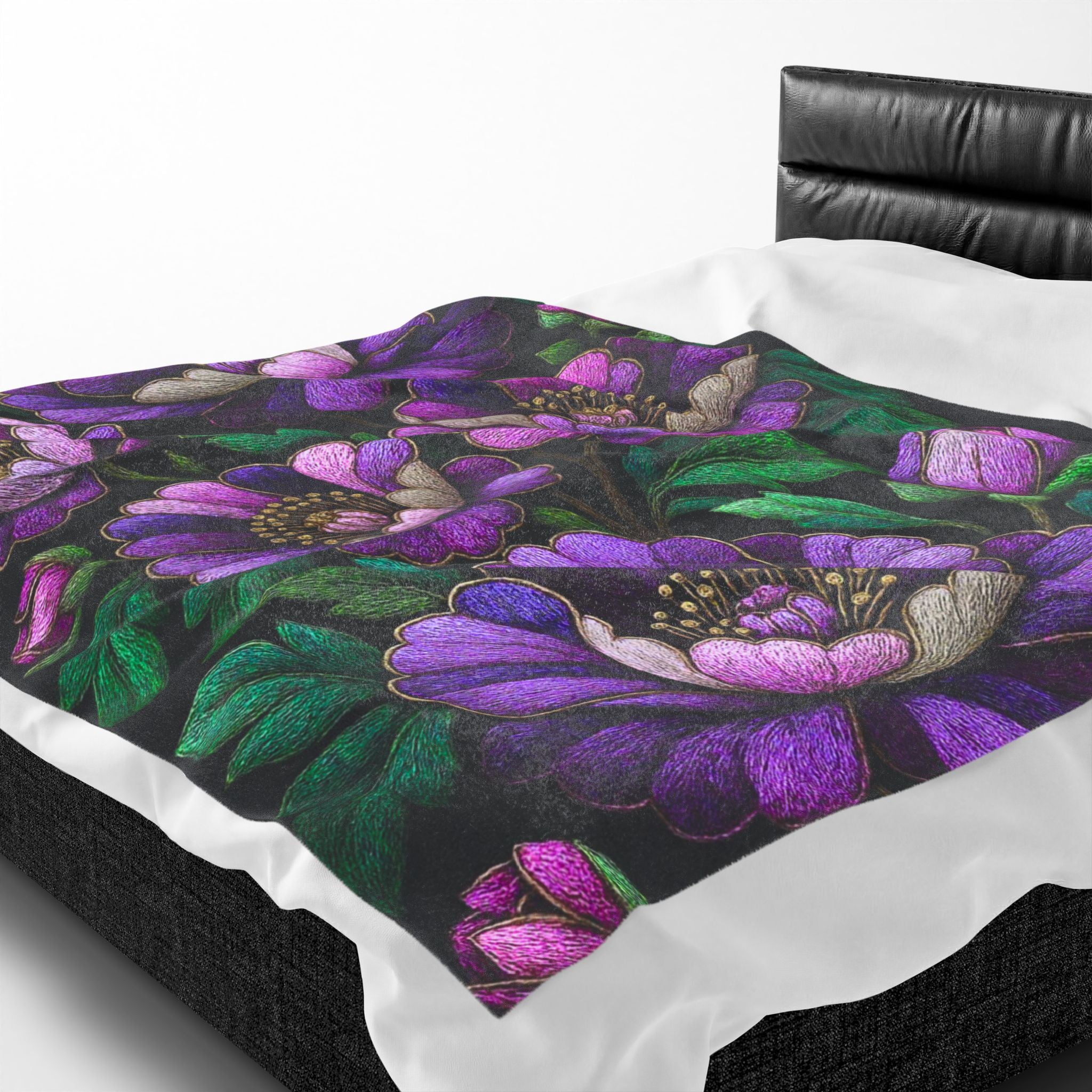 Petrykivka Bloom Blanket | Purple Peony Floral Plush Throw | Moody Embroidered Look Velveteen Cozy Blanket