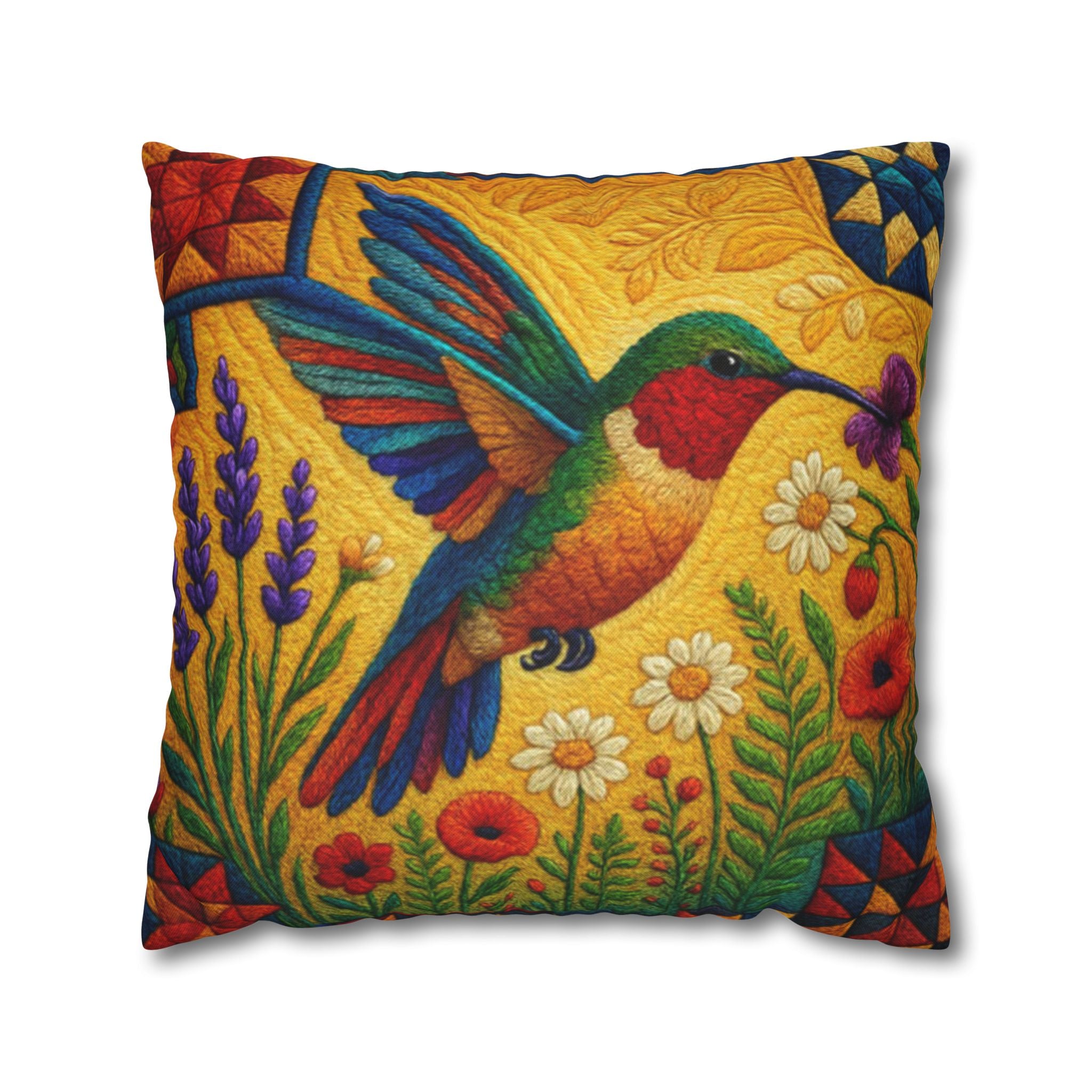BLUESKYDEZIGN | Hummingbird Pillowcase | Colorful Folk Art Floral Throw Cushion Cover | Nature Lover Home Gift