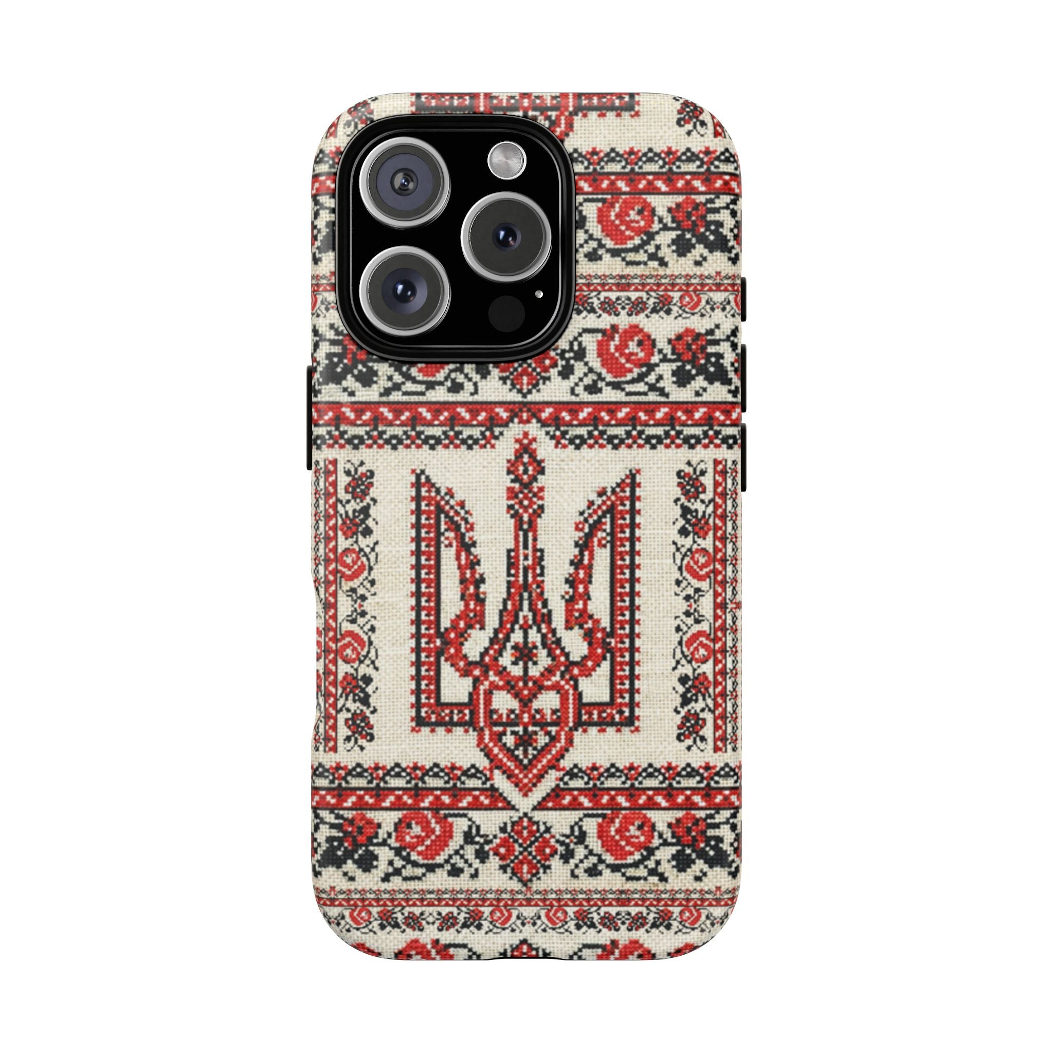 Ukrainian Trident Embroidery Phone Case • Red Black Trident Pattern • Protective Folk Art Cover for iPhone & Samsung