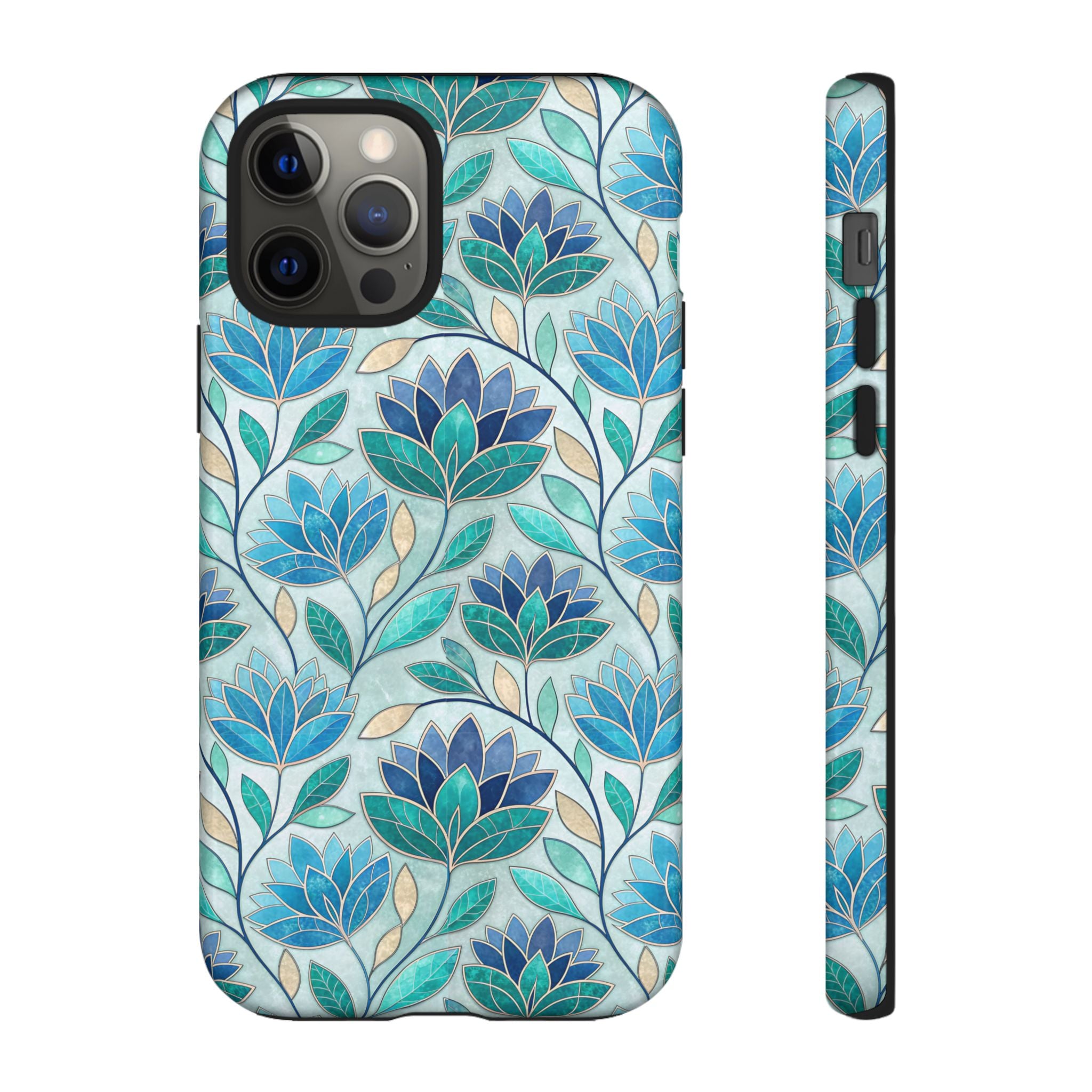 Mosaic iPhone Case, Stained Glass Floral Phone Cover, Teal Blue Protective Case, Matte Glossy Options, Artistic Mosaic Pattern