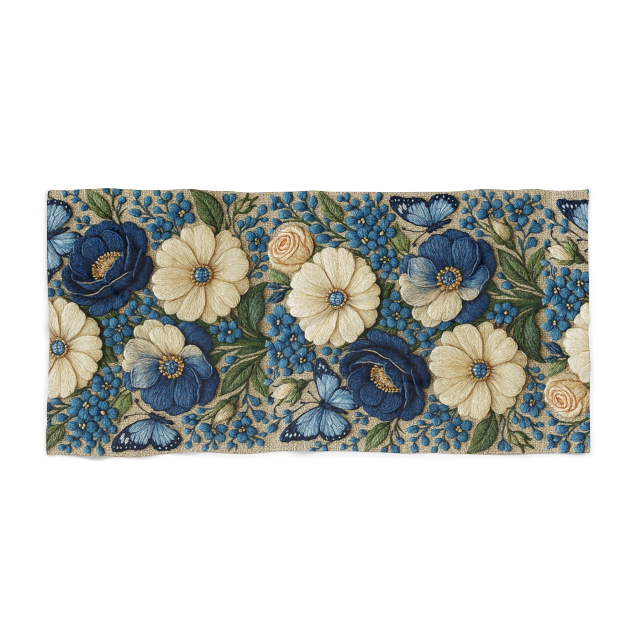 Wild Beauty Floral Beach Towel | Blue Cream Botanical Cottagecore Pool Towel | Quick Dry Cotton