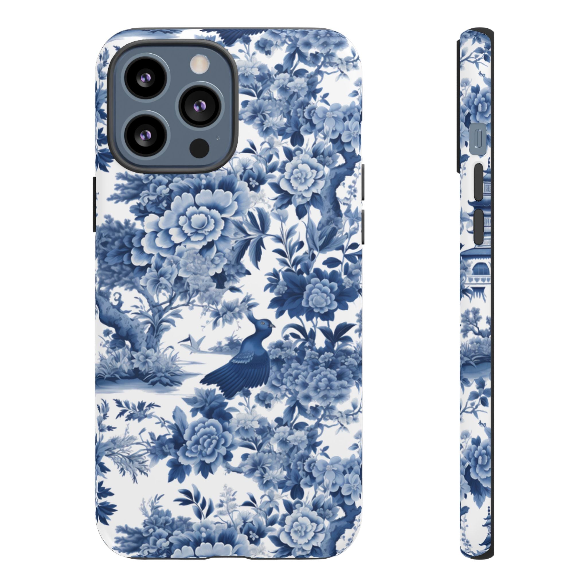 Blue Toile Floral Phone Case, Chinoiserie Style, Tough Case