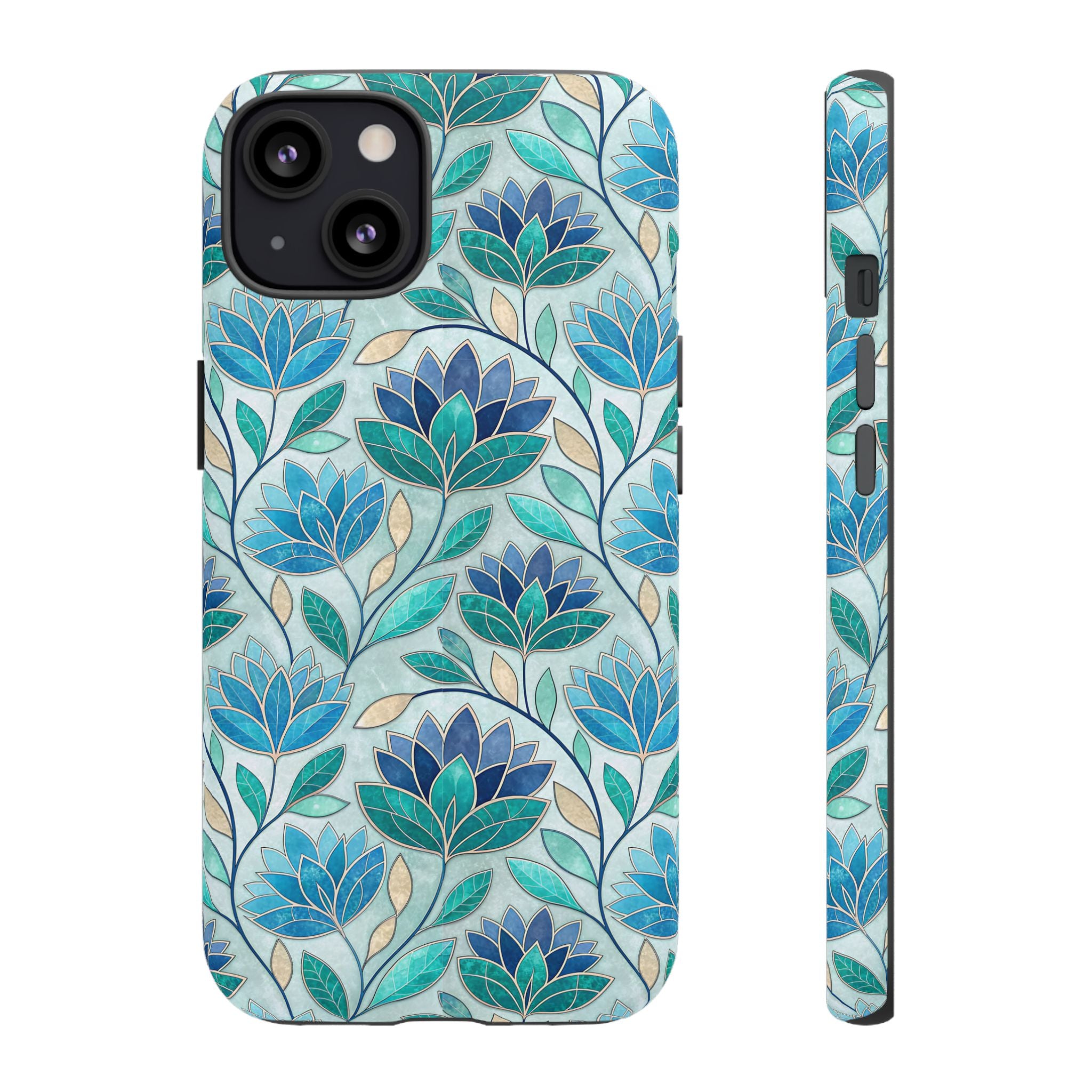 Mosaic iPhone Case, Stained Glass Floral Phone Cover, Teal Blue Protective Case, Matte Glossy Options, Artistic Mosaic Pattern