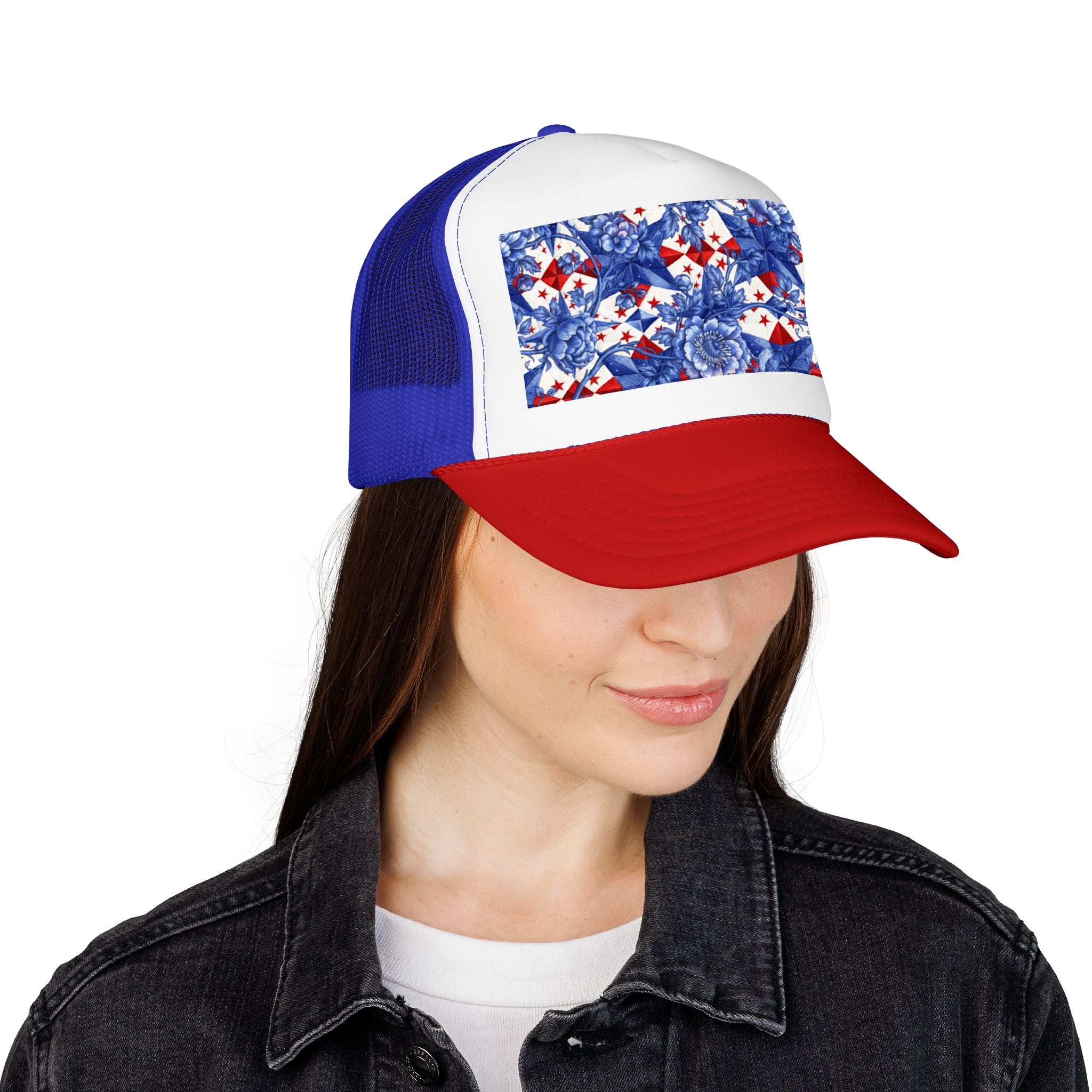 America 250th Anniversary Trucker Hat | Patriotic Toile Floral & Stars | BLUESKYDEZIGN