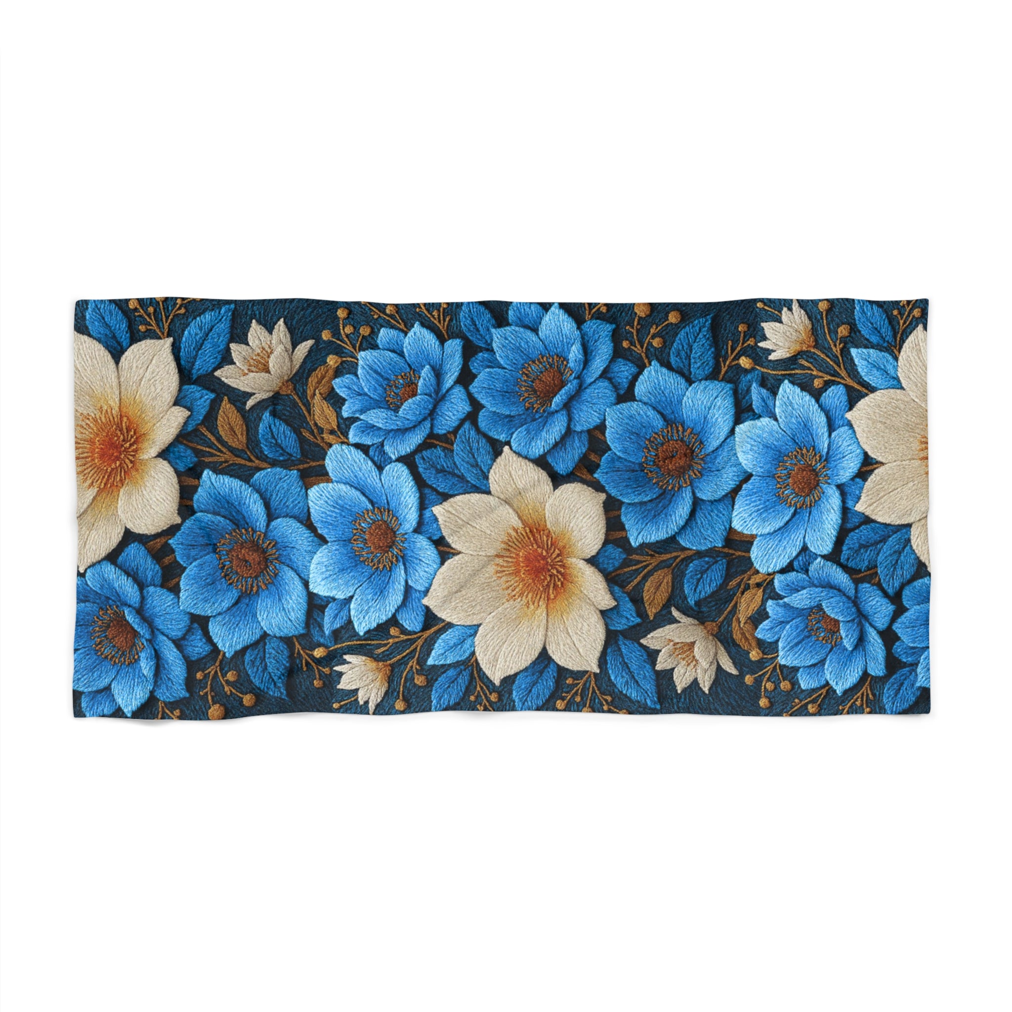 Midnight Symphony Floral Beach Towel – Navy Blue & Cream Botanical Pool Towel