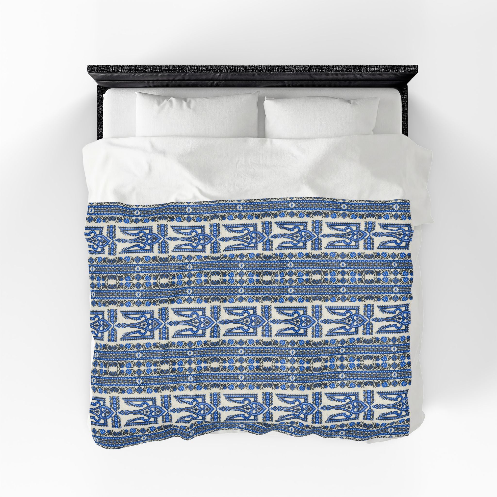 Ukrainian Trident Blue Velveteen Blanket | Tryzub Folk Throw | Artist-Designed
