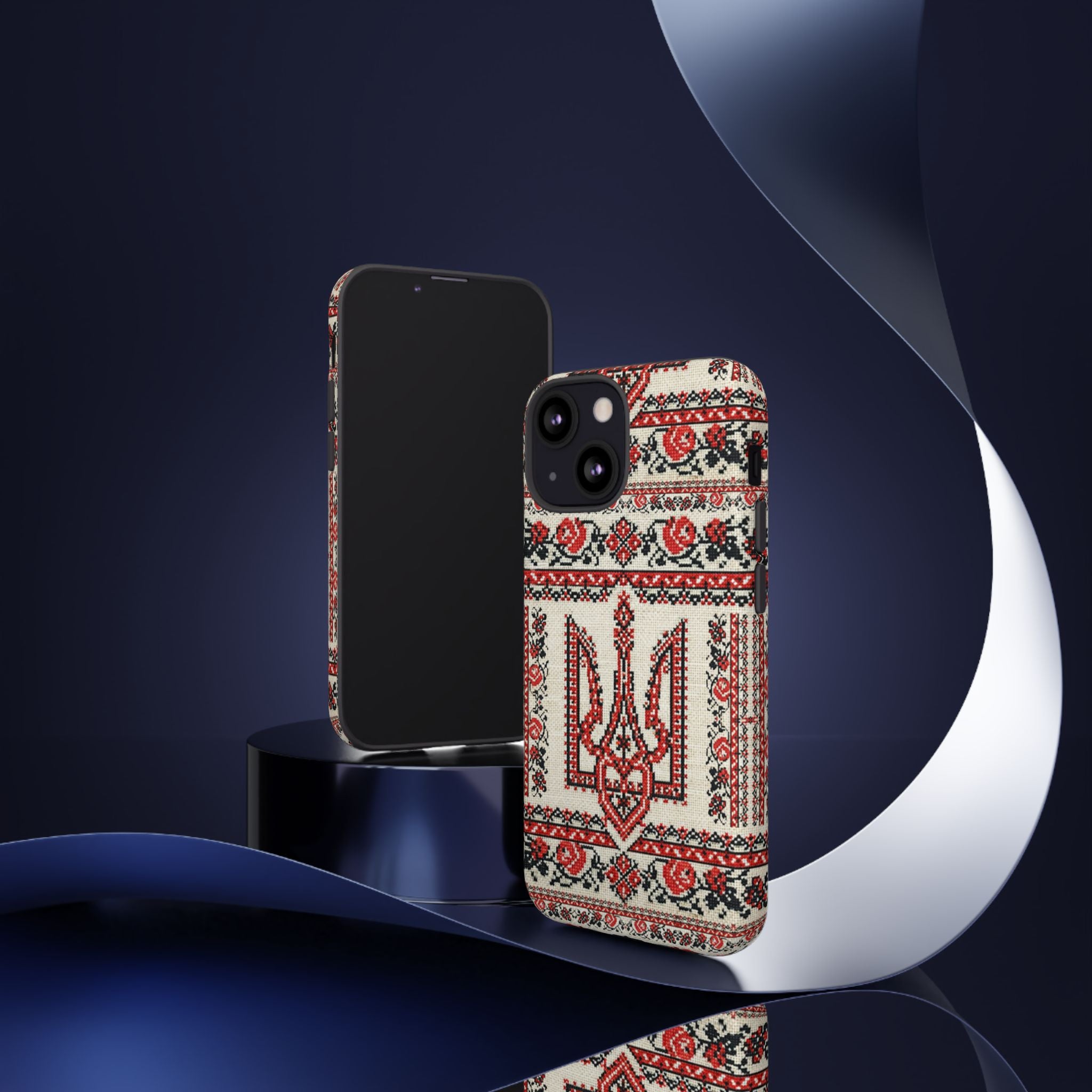 Ukrainian Trident Embroidery Phone Case • Red Black Trident Pattern • Protective Folk Art Cover for iPhone & Samsung