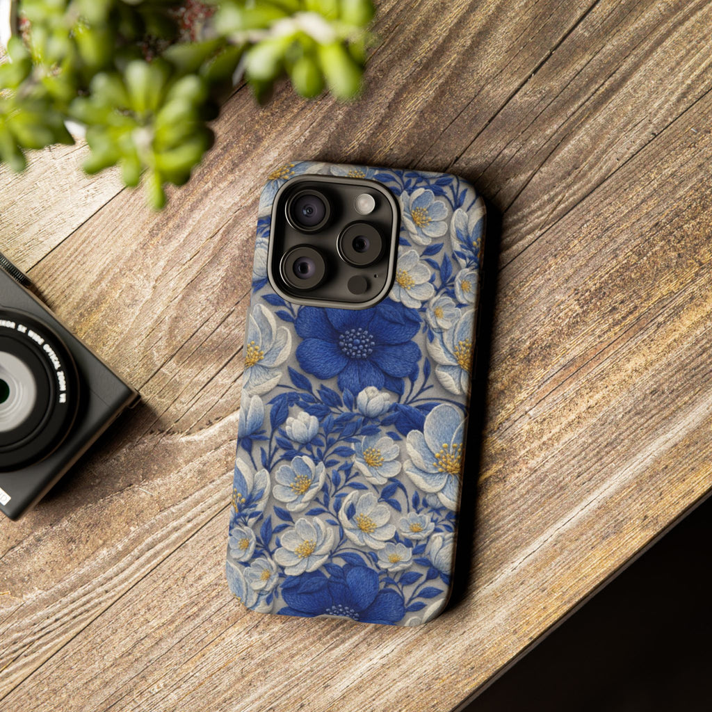 Denim Soul Indigo Floral Tough Phone Case – Dual-Layer Protective Cover for iPhone