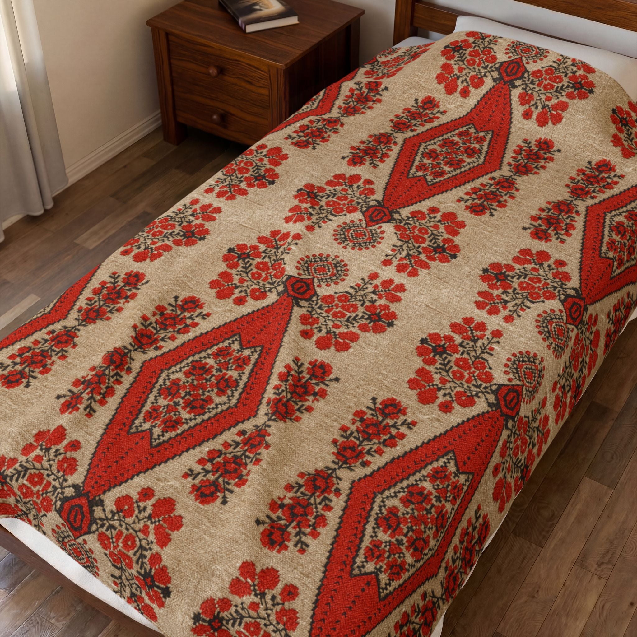 Berehynia Velvet Plush Blanket, Ukrainian Protective Symbol, Soft Red Black Folk Pattern Throw for Cozy Home Decor