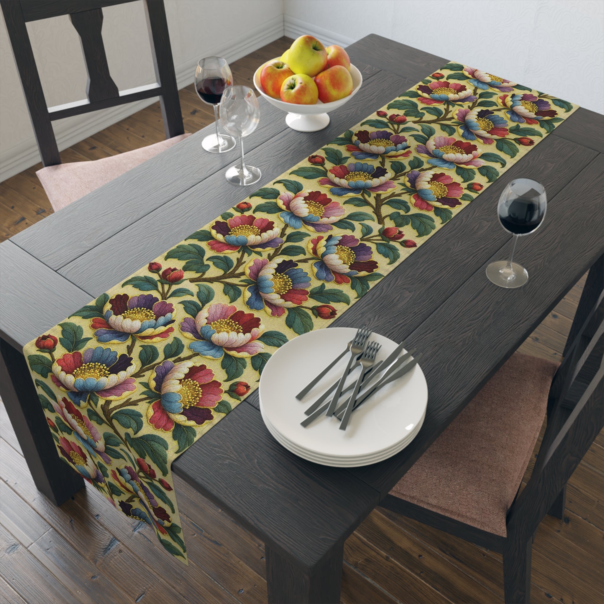BLUESKYDEZIGN | Petrykivka Bloom Peony Table Runner | Ukrainian Folk Art Dining Decor | Embroidered Look | Cotton or Polyester