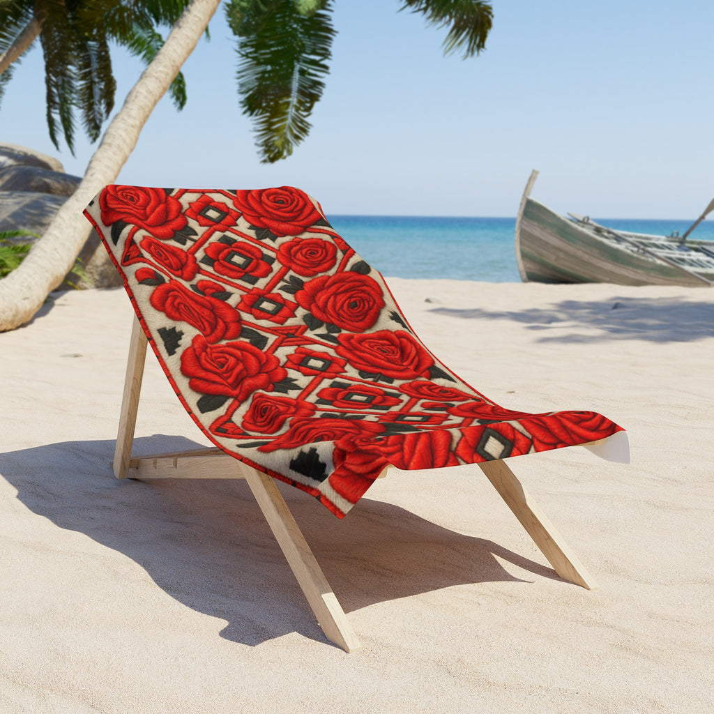 Red Roses Beach Towel | Vintage Floral Geometric Pool Towel | Soft Cotton Backing Oversized Swim Gift