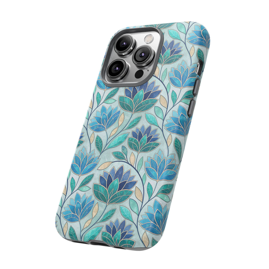 Mosaic iPhone Case, Stained Glass Floral Phone Cover, Teal Blue Protective Case, Matte Glossy Options, Artistic Mosaic Pattern