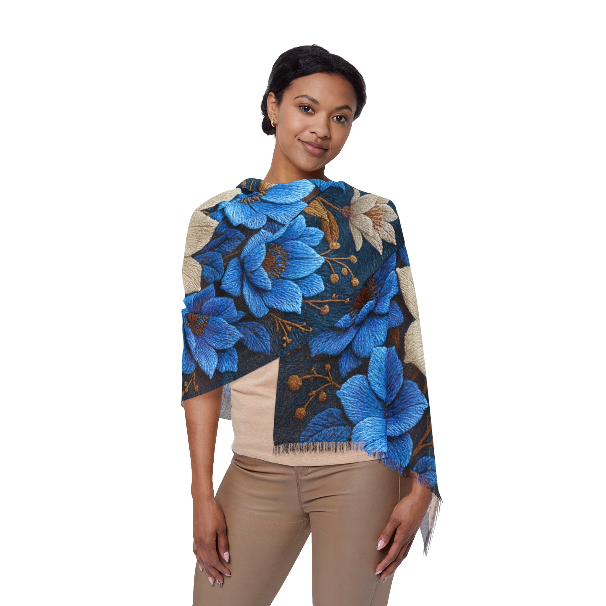 Midnight Symphony Floral Scarf | Navy Blue & Cream Botanical Shawl & Summer Wrap