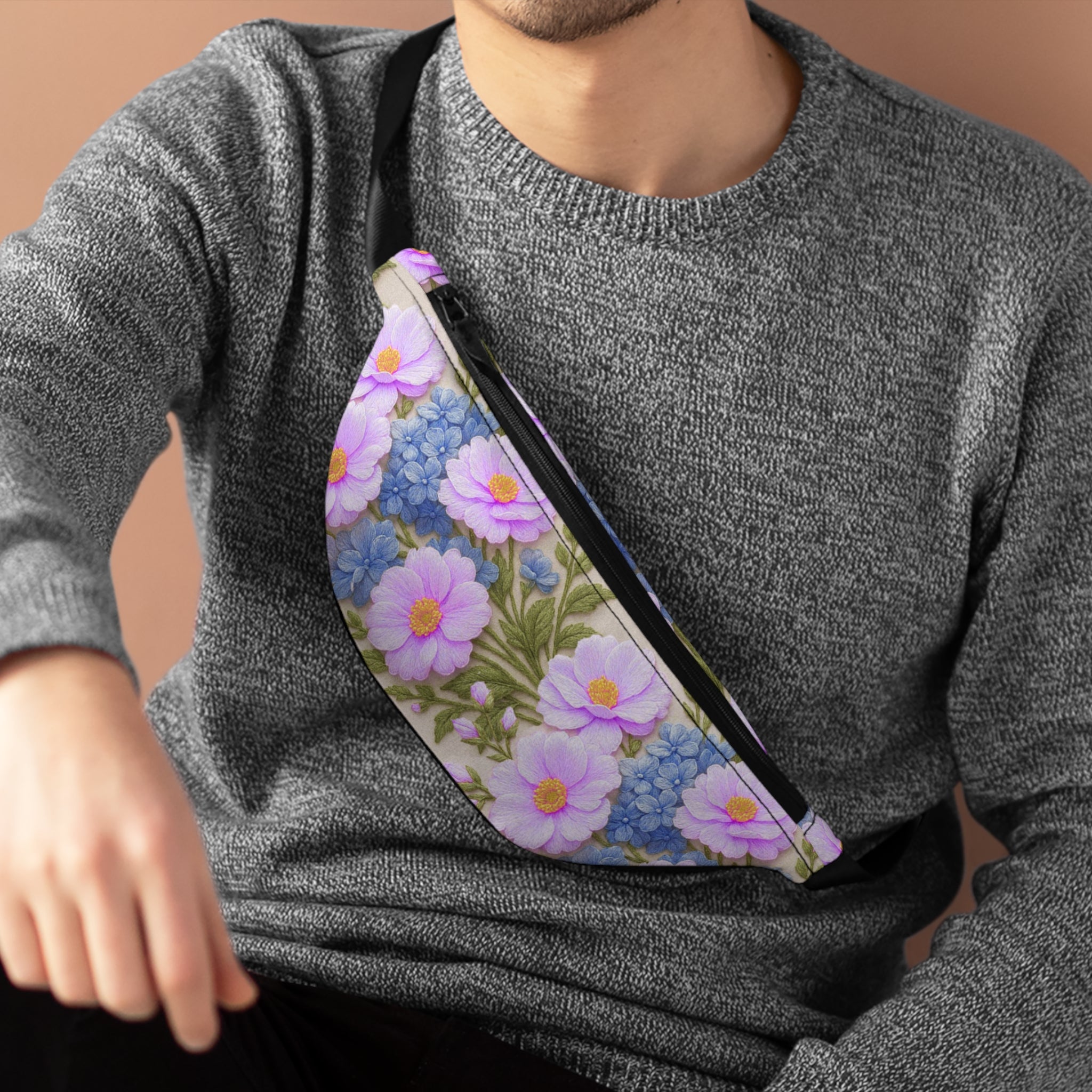 Pink Cosmos and Blue Hydrangea Fanny Pack, Alexandra Bloom Collection, Vintage Floral Waist Bag, Cottagecore Crossbody Purse