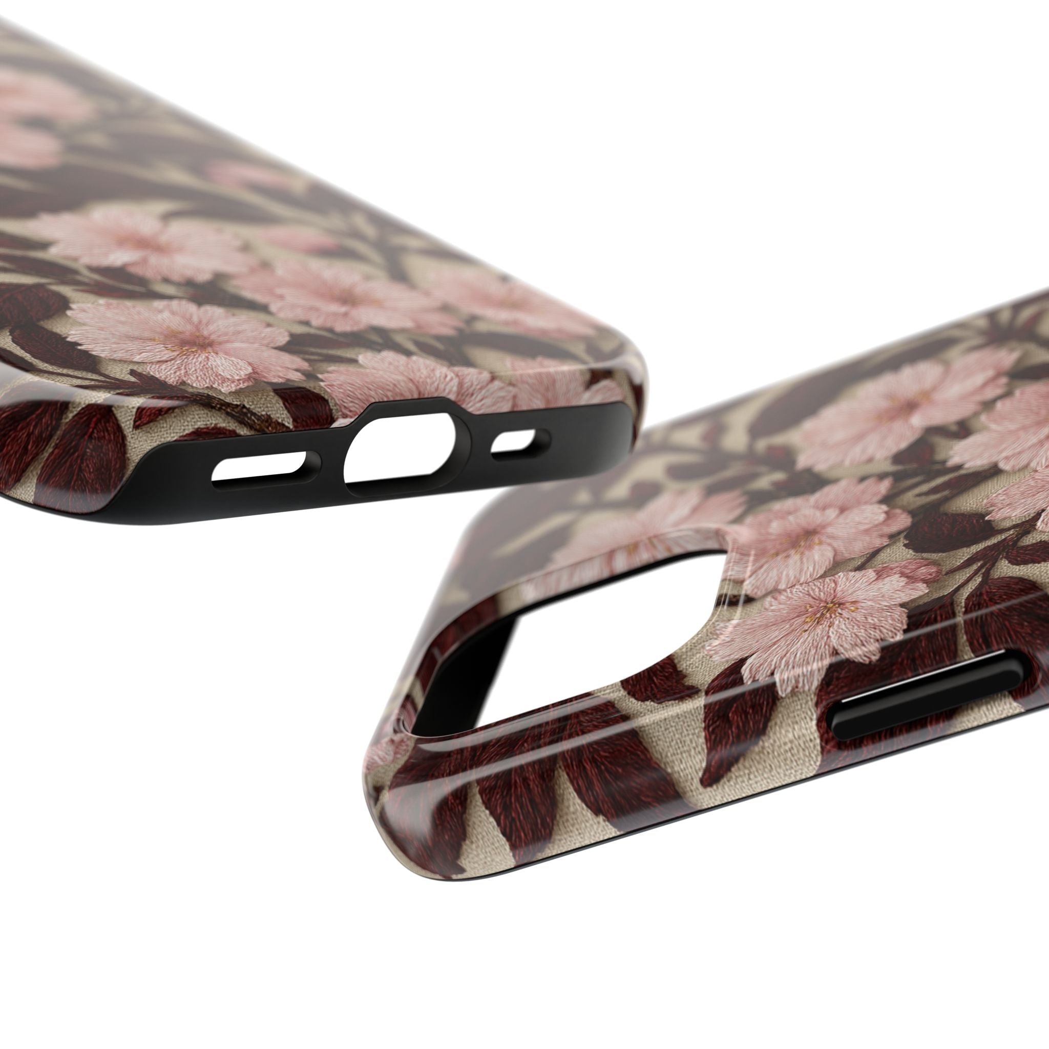 Sakura Noir Tough iPhone Case - Vintage Pink Cherry Blossom, Dark Botanical Floral Cover, Shockproof Gift for Her