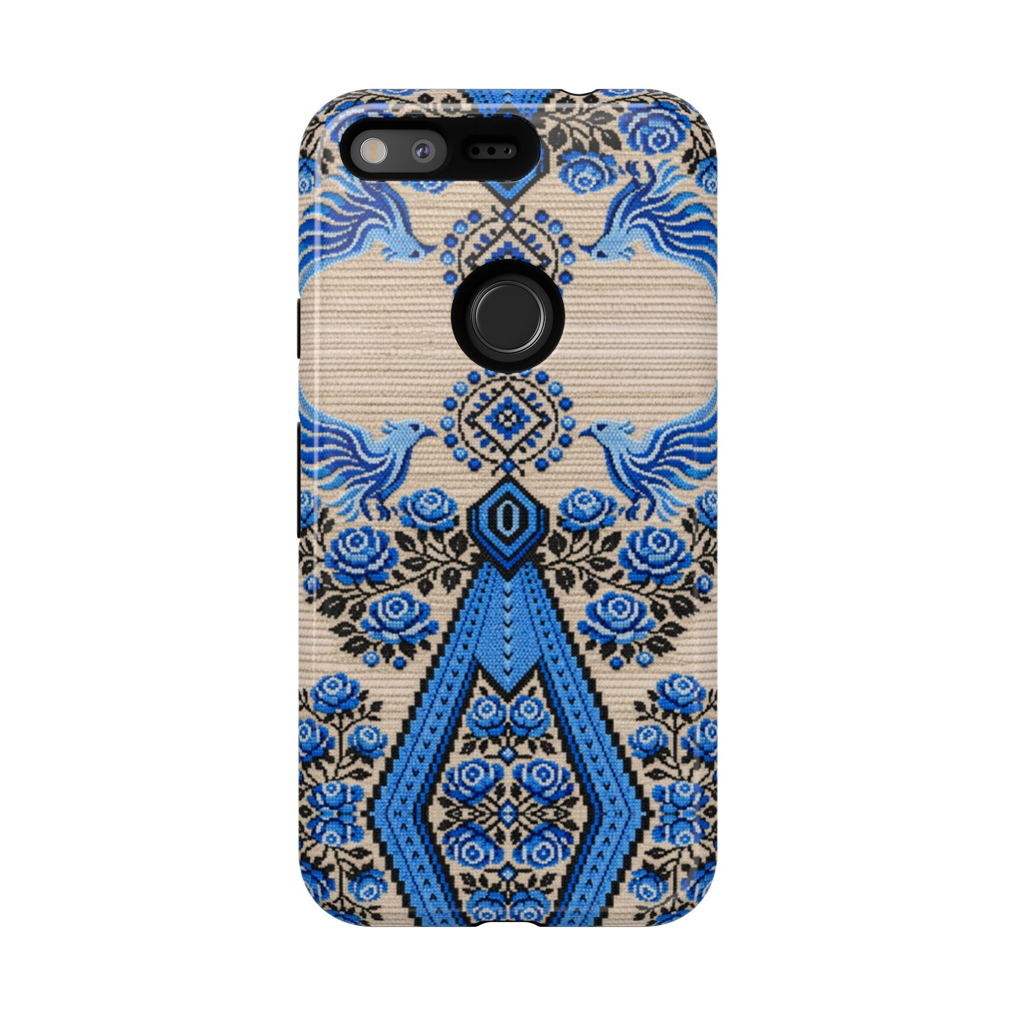 Ukrainian Phone Case  Blue Black Berehynia Design, Falcons & Roses Folk Art, Slavic Embroidery Style Protective Cover