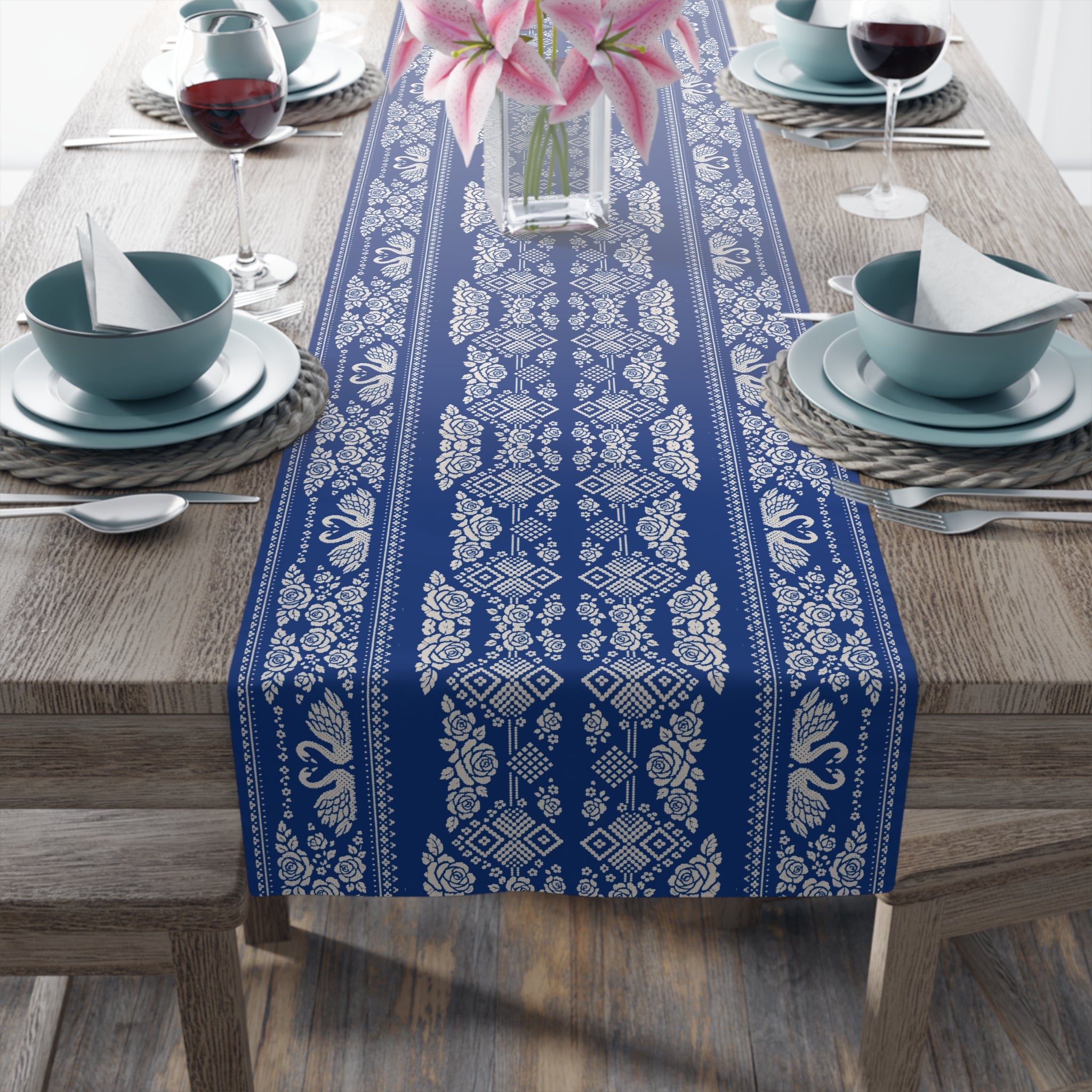 Wedding Swans Table Runner Blue  White Elegant Pattern, Romantic Table Decor