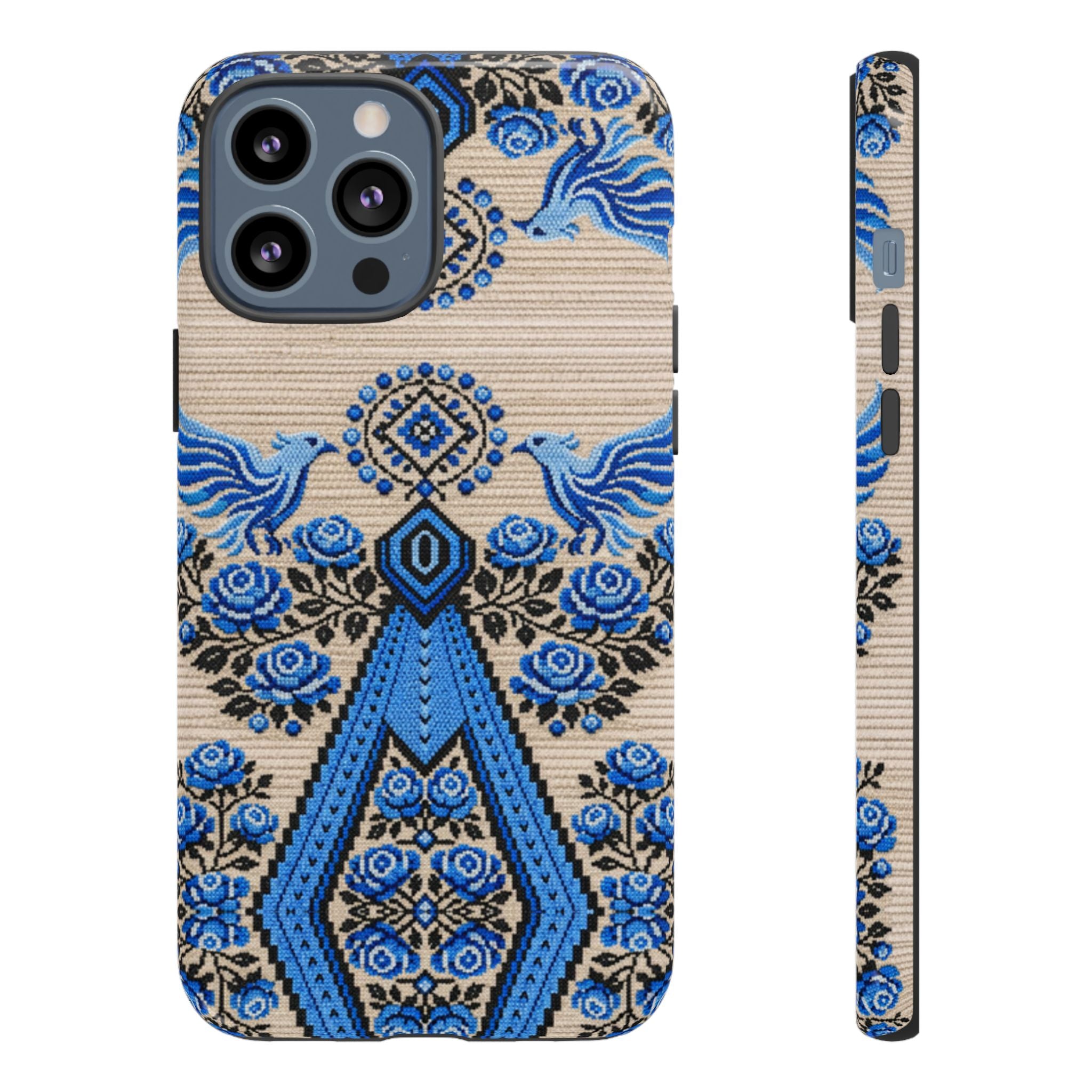 Ukrainian Phone Case  Blue Black Berehynia Design, Falcons & Roses Folk Art, Slavic Embroidery Style Protective Cover