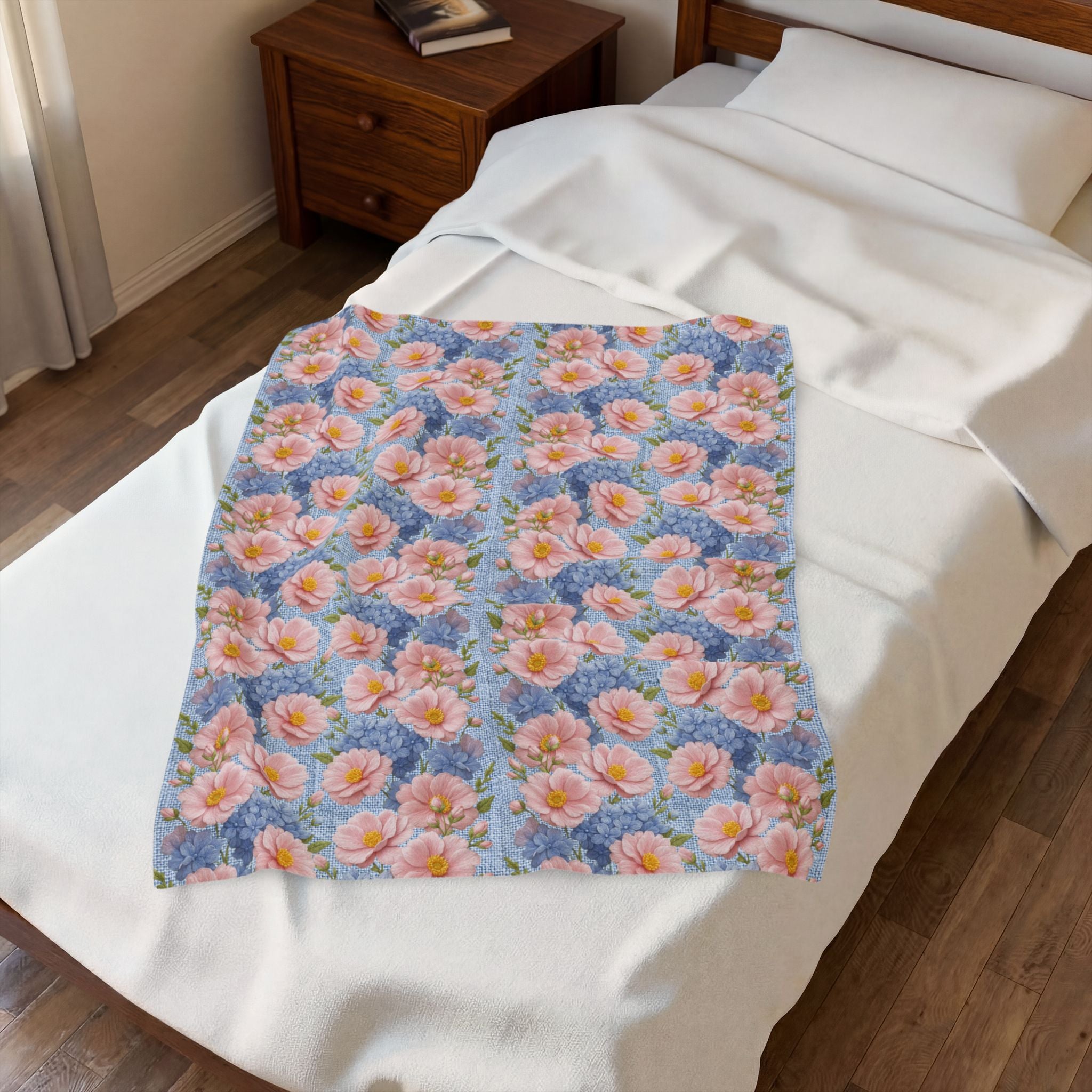 Pink Peony & Blue Hydrangea Plush Blanket | Soft Provence Velveteen Throw