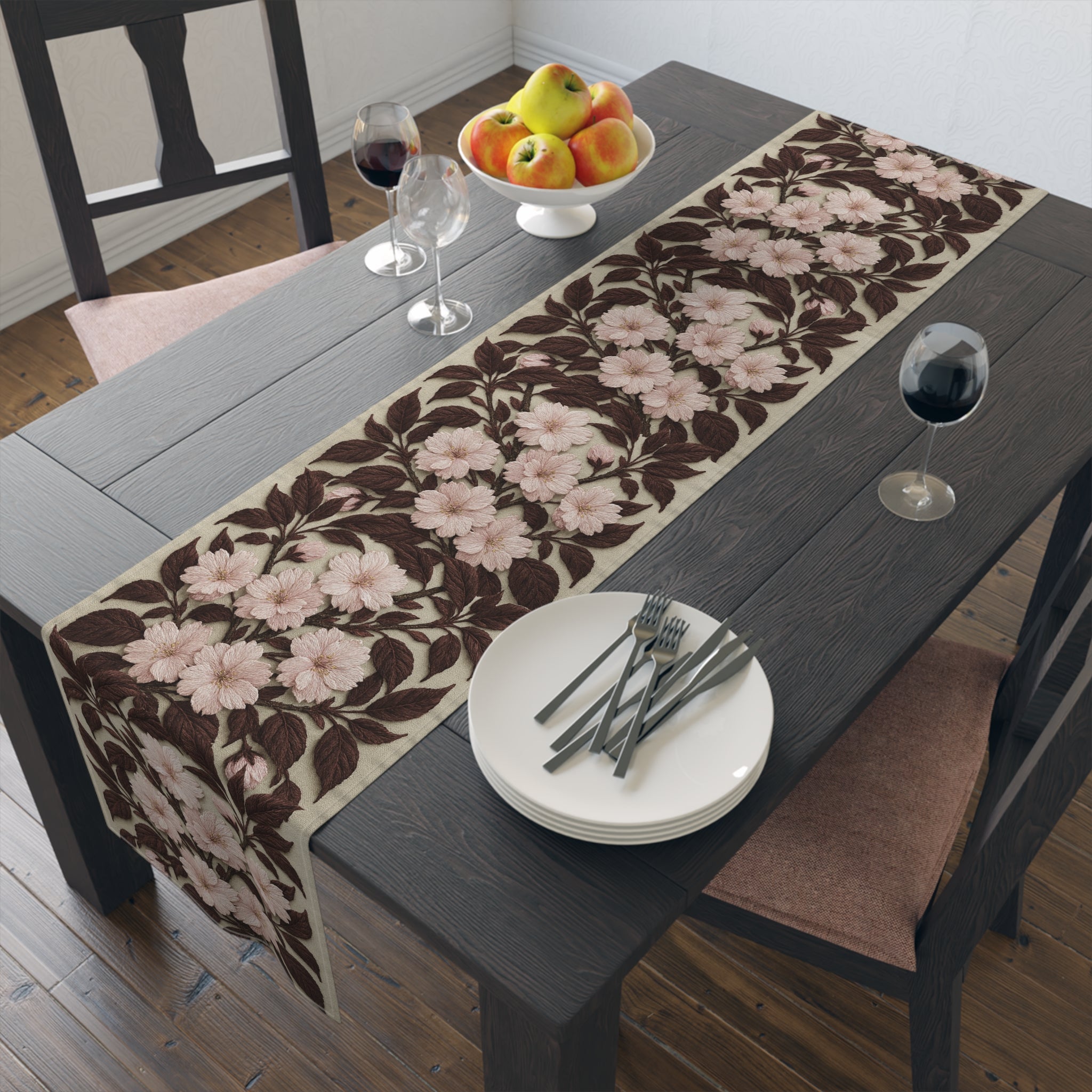 Sakura Noir Table Runner — Pink Cherry Blossom Floral Vine | Cotton & Polyester