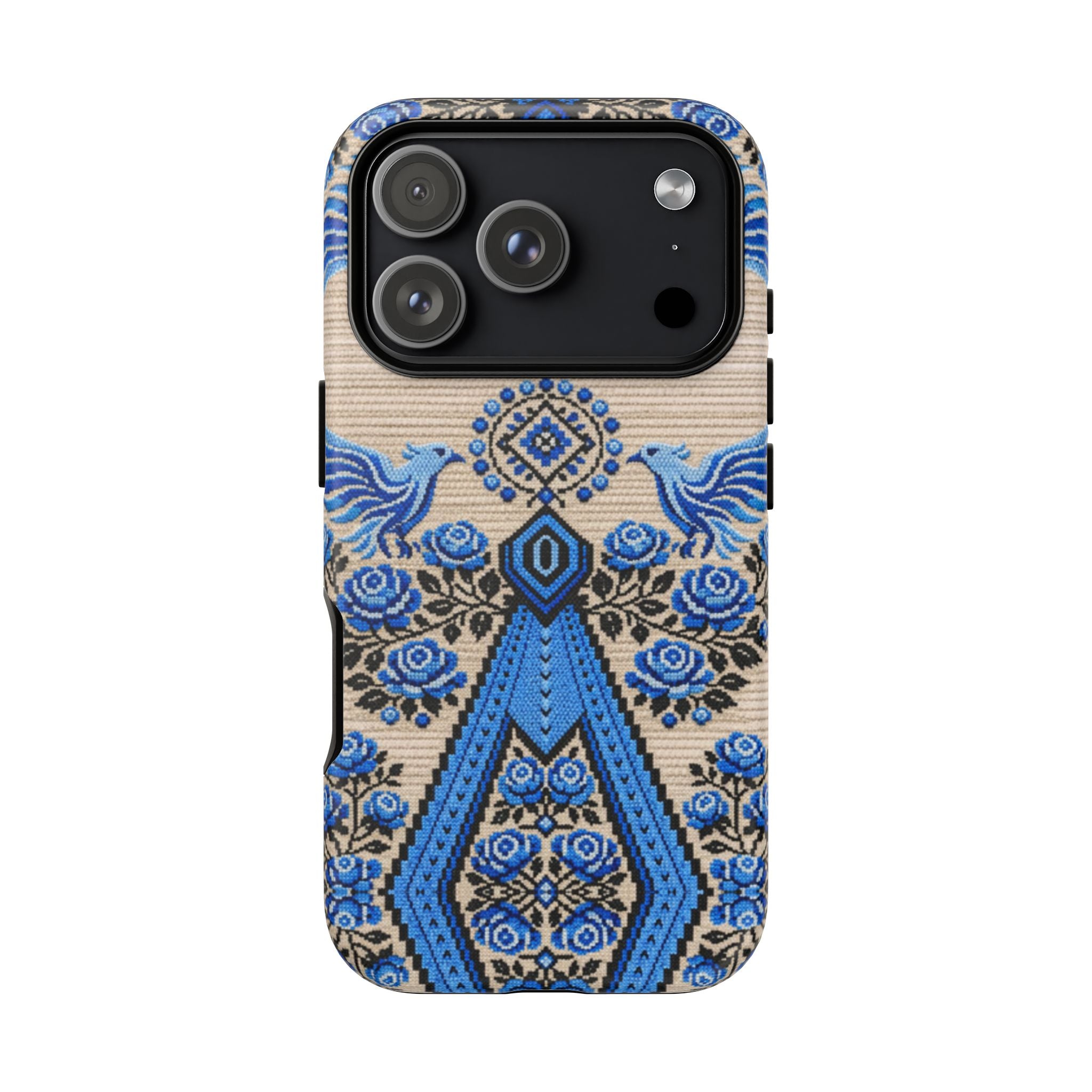 Ukrainian Phone Case  Blue Black Berehynia Design, Falcons & Roses Folk Art, Slavic Embroidery Style Protective Cover