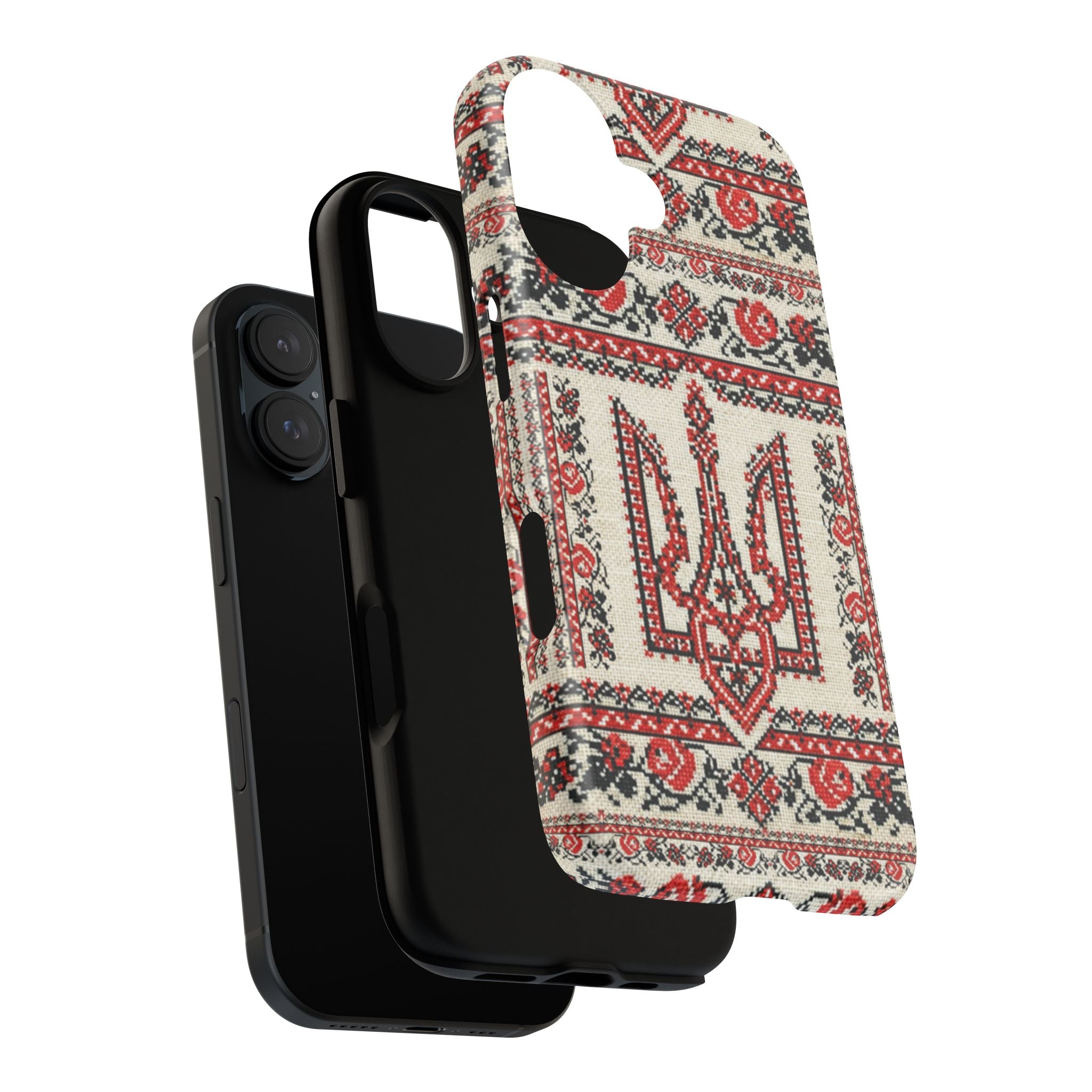 Ukrainian Trident Embroidery Phone Case • Red Black Trident Pattern • Protective Folk Art Cover for iPhone & Samsung