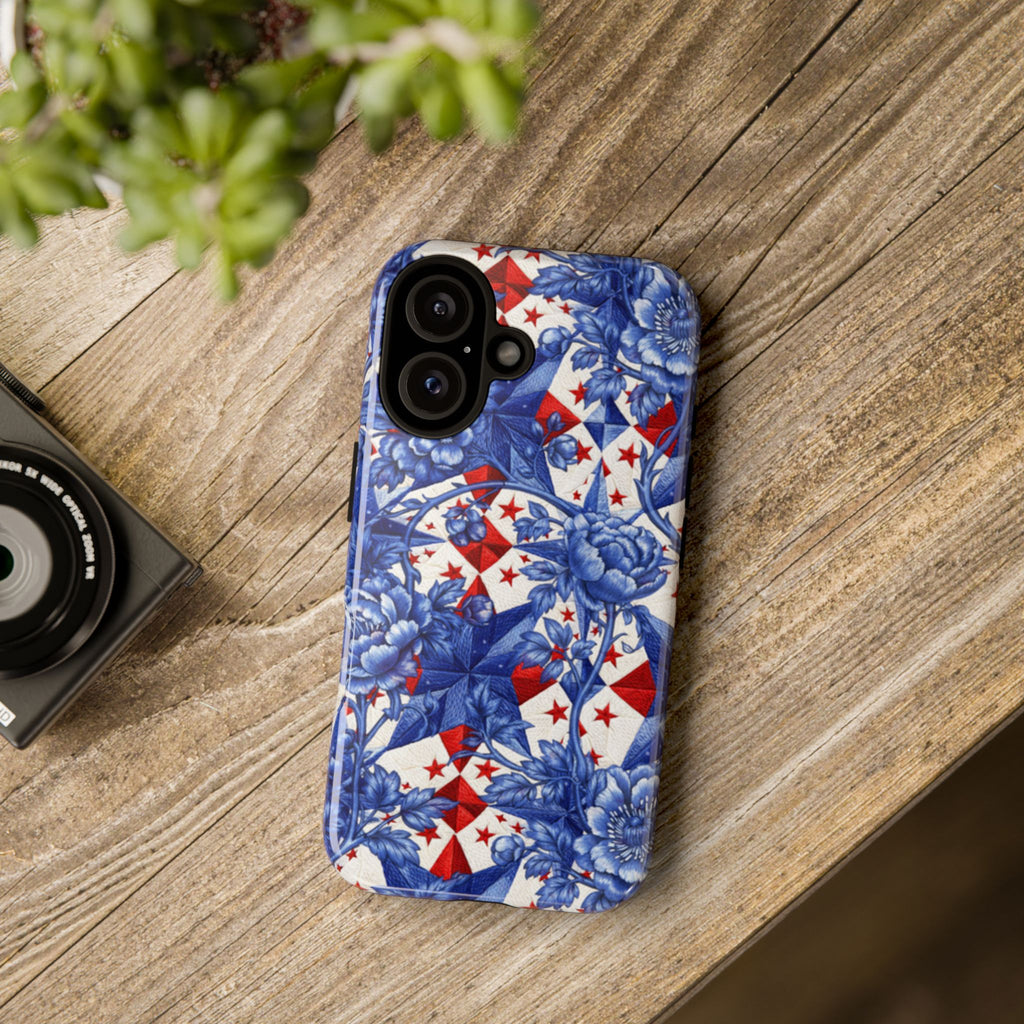 America 250th Anniversary Tough Phone Case - Blue Toile Floral & Patriotic Star Patchwork Case