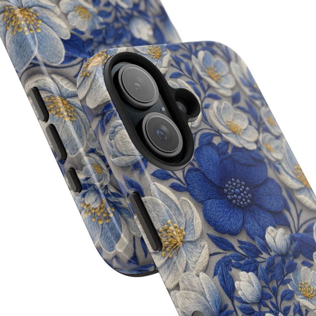 Denim Soul tough phone case with deep cobalt blue and white botanical floral print — indigo vintage-style bouquet, dual-layer shockproof iPhone cover in full-wrap artistic design

