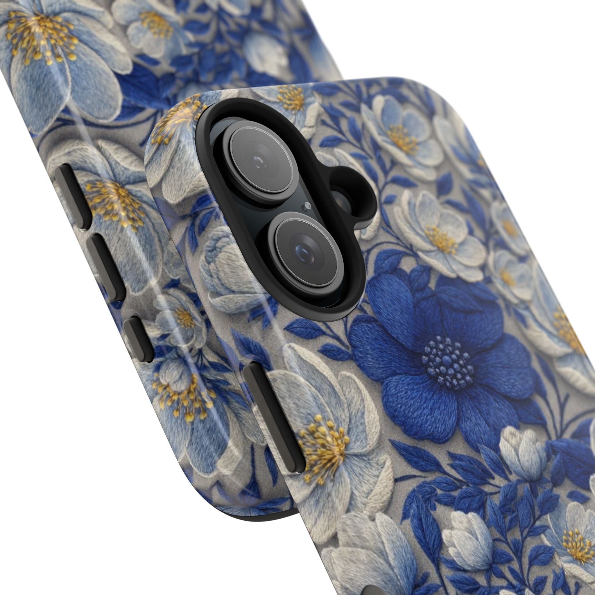 Denim Soul tough phone case with deep cobalt blue and white botanical floral print — indigo vintage-style bouquet, dual-layer shockproof iPhone cover in full-wrap artistic design

