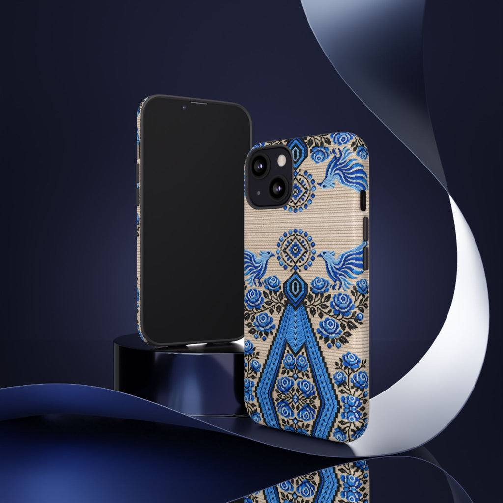 Ukrainian Phone Case  Blue Black Berehynia Design, Falcons & Roses Folk Art, Slavic Embroidery Style Protective Cover
