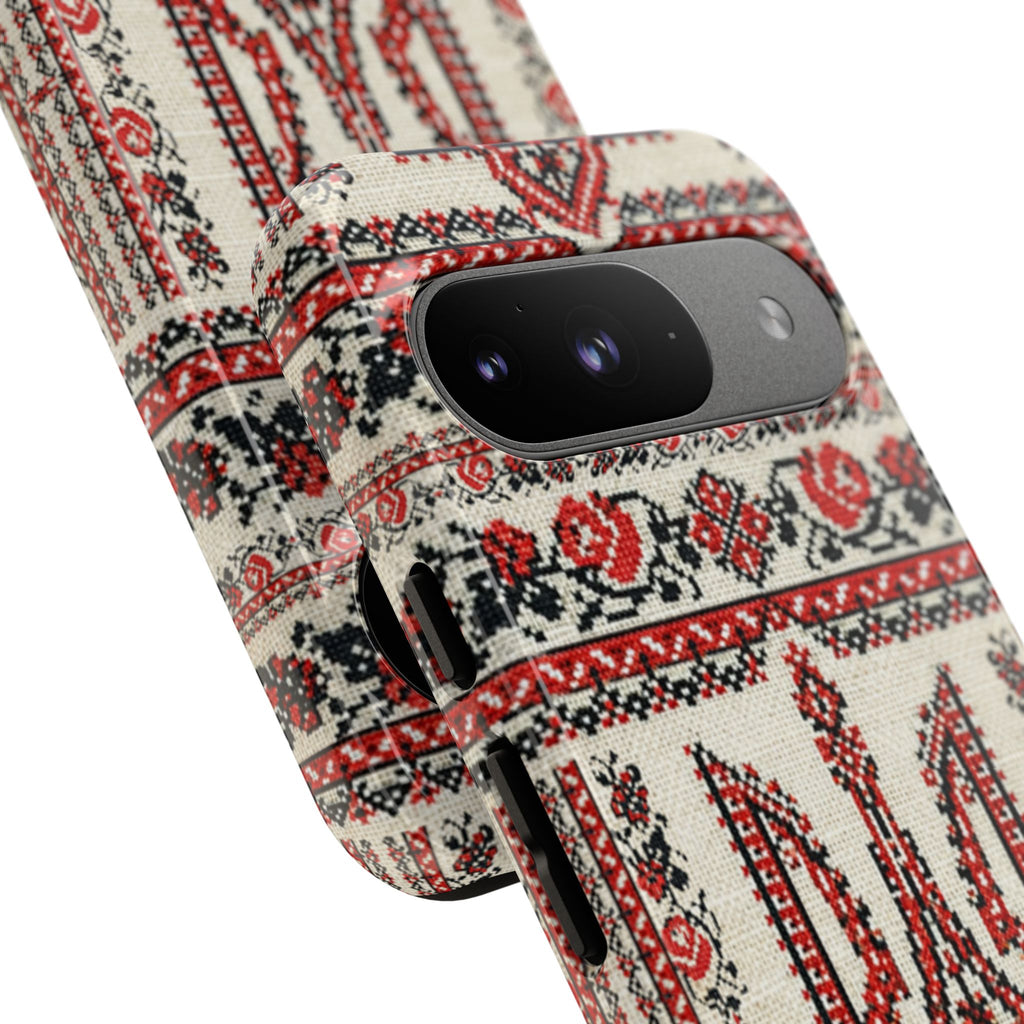 Ukrainian Trident Embroidery Phone Case • Red Black Trident Pattern • Protective Folk Art Cover for iPhone & Samsung