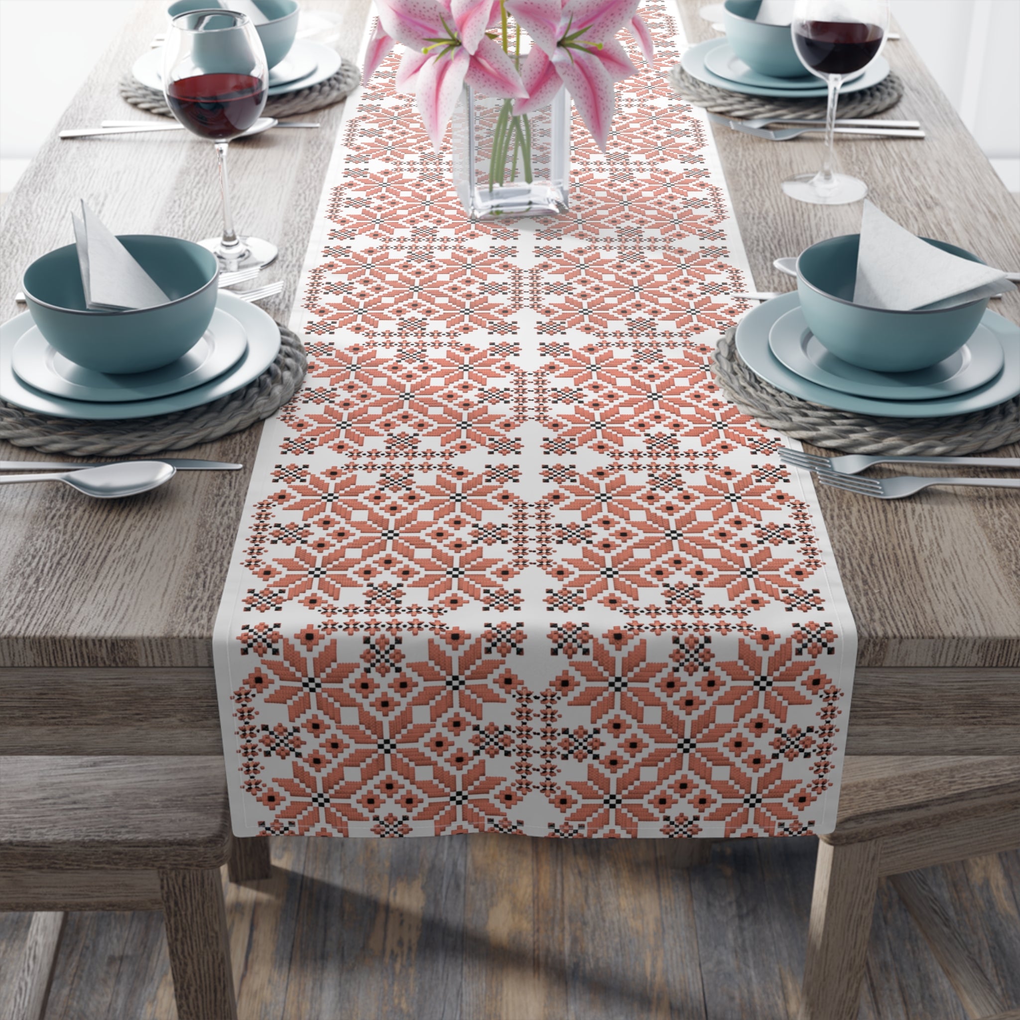 Mariia Red Table Runner | Ukrainian Folk Embroidery | Red & Black Geometric Dining Linen