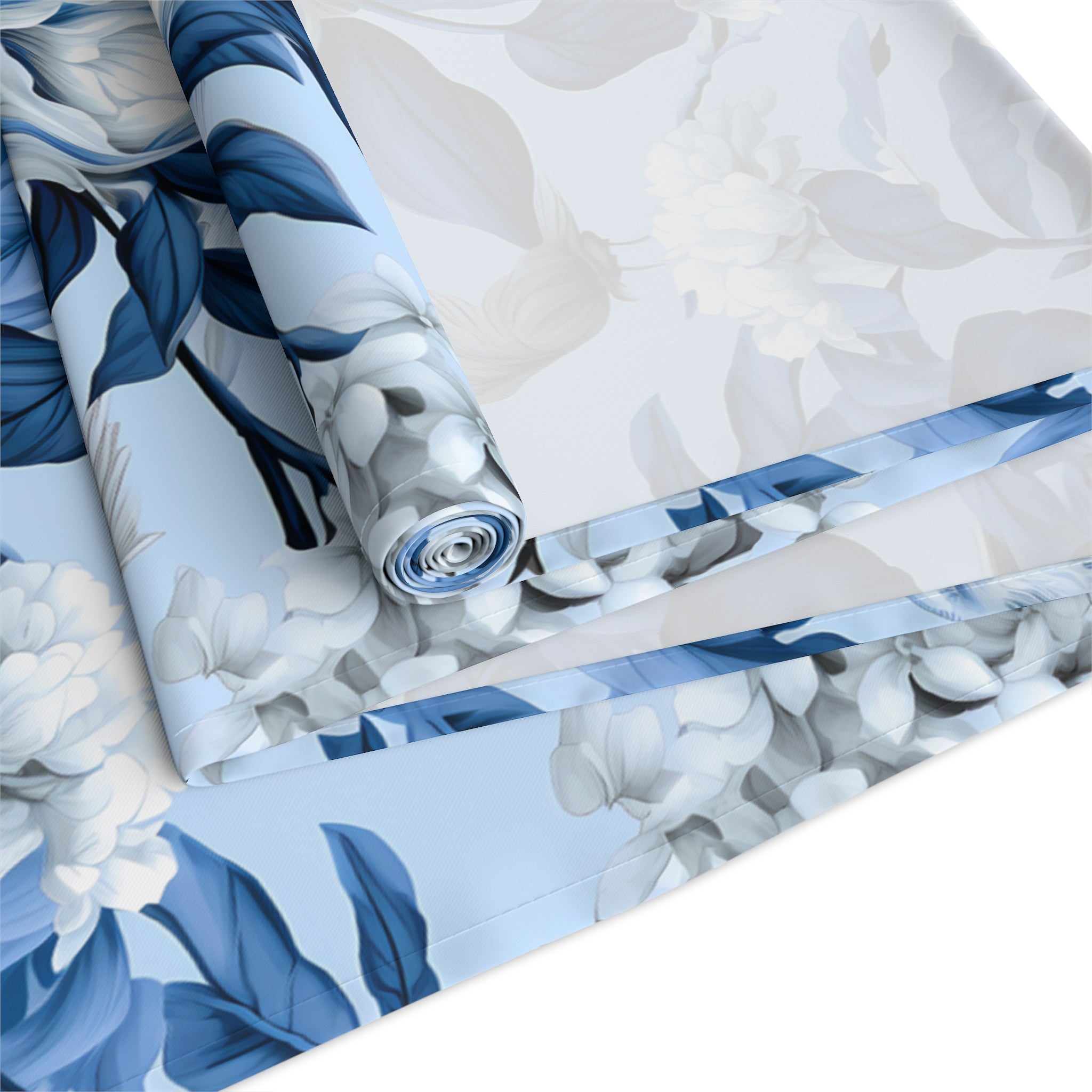 Blue Floral Watercolor Table Runner | Vintage Botanical Dining Decor | Cotton Twill & Polyester