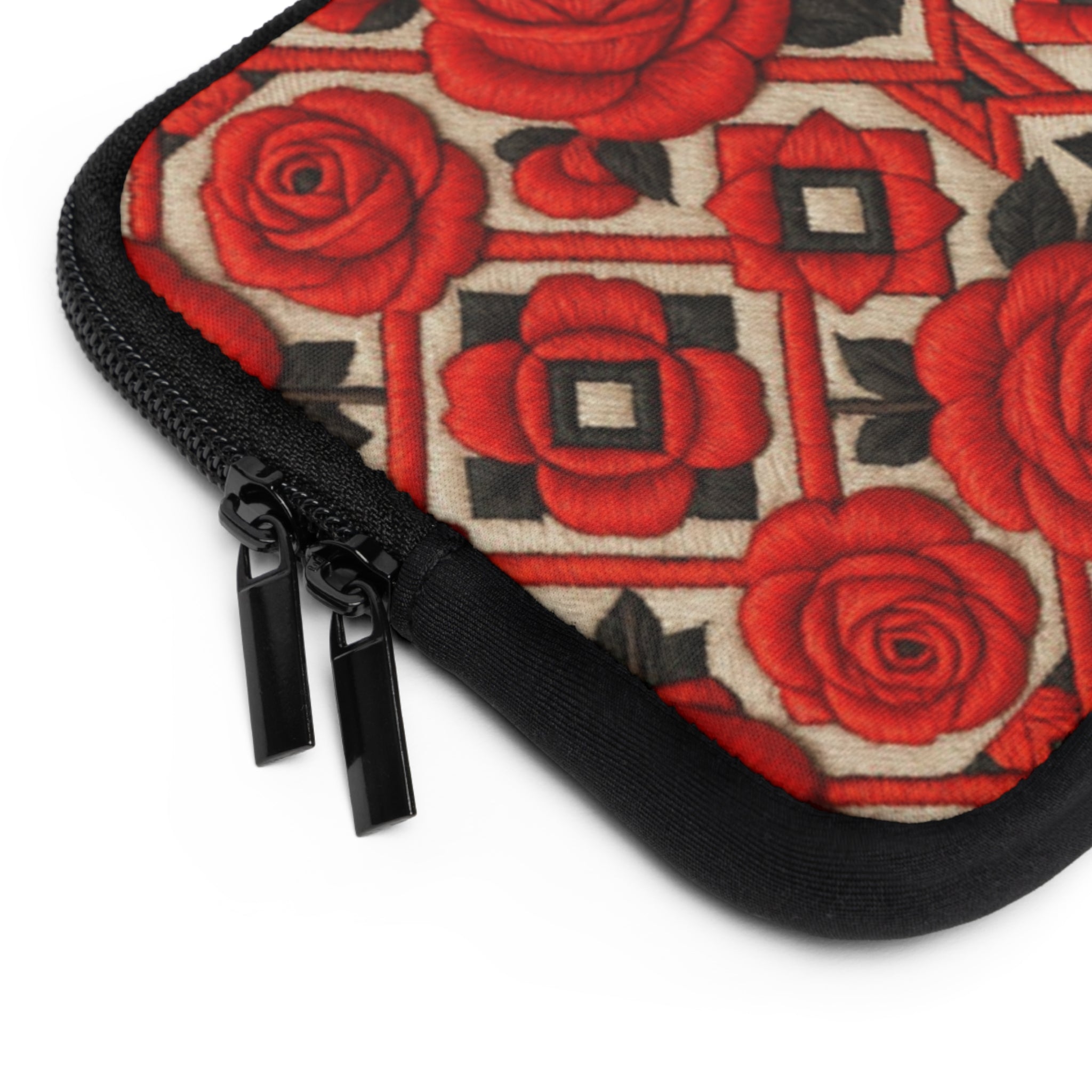 Red Roses Laptop Sleeve | Vintage Floral Neoprene Case with Zipper | Folk Art Tech Bag Gift for Her