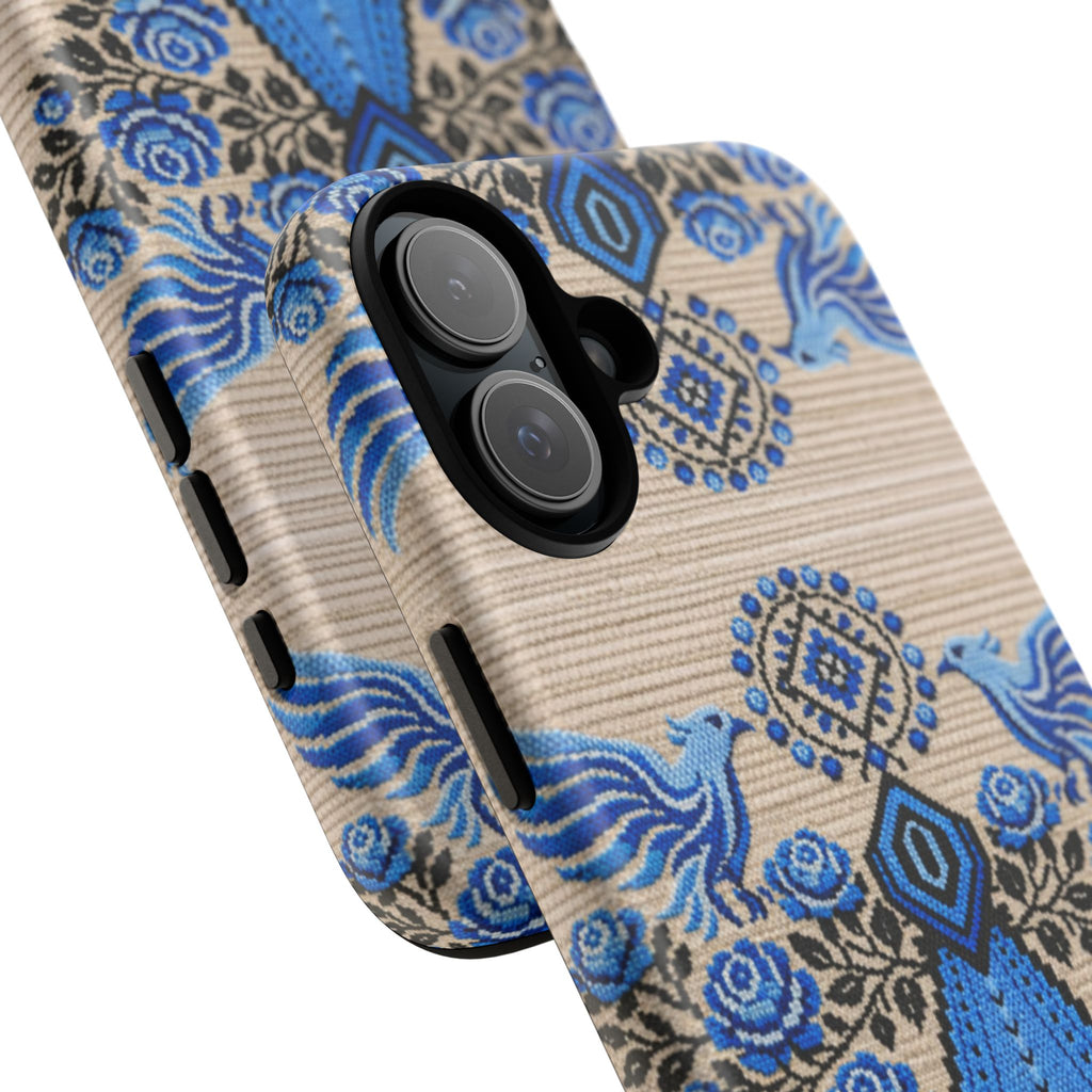 Ukrainian Phone Case  Blue Black Berehynia Design, Falcons & Roses Folk Art, Slavic Embroidery Style Protective Cover