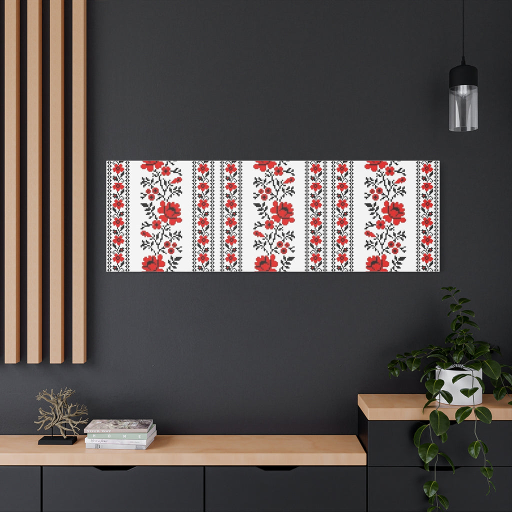 Ukrainian Embroidery Wall Art, Red Black Folk Floral Pattern, Traditional Slavic Home Decor Canvas for Living Room or Entryway, Matte Print, Stretched 1.25" Ready to Hang
