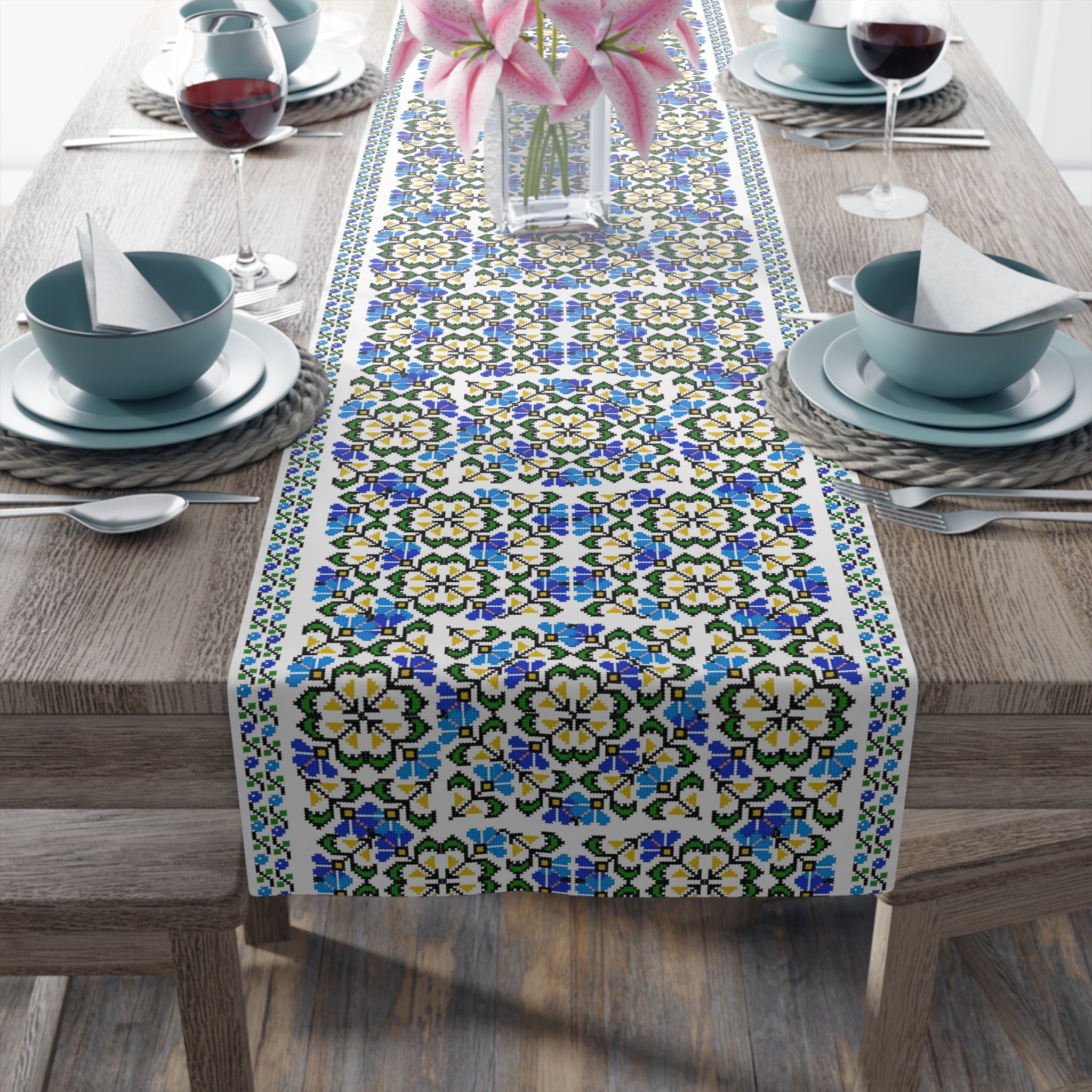 Ukrainian Folk Art Table Runner - Blue Indigo Pattern, Slavic Heritage Farmhouse Decor, Cotton or Polyester, Housewarming Gift