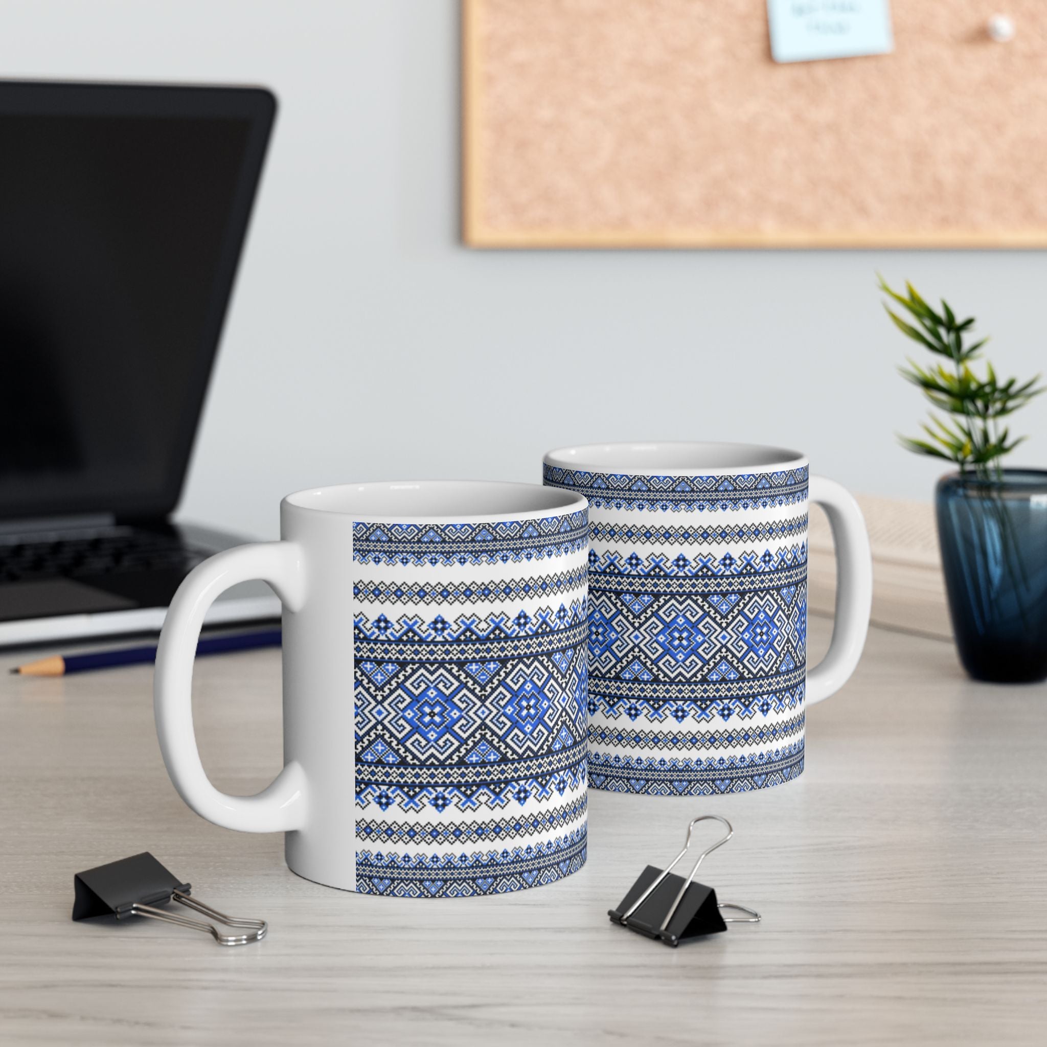 Ukrainian Embroidery Mug, Blue Black Folk Pattern Cup, Traditional Slavic Ceramic Coffee Tea Mug 11 oz