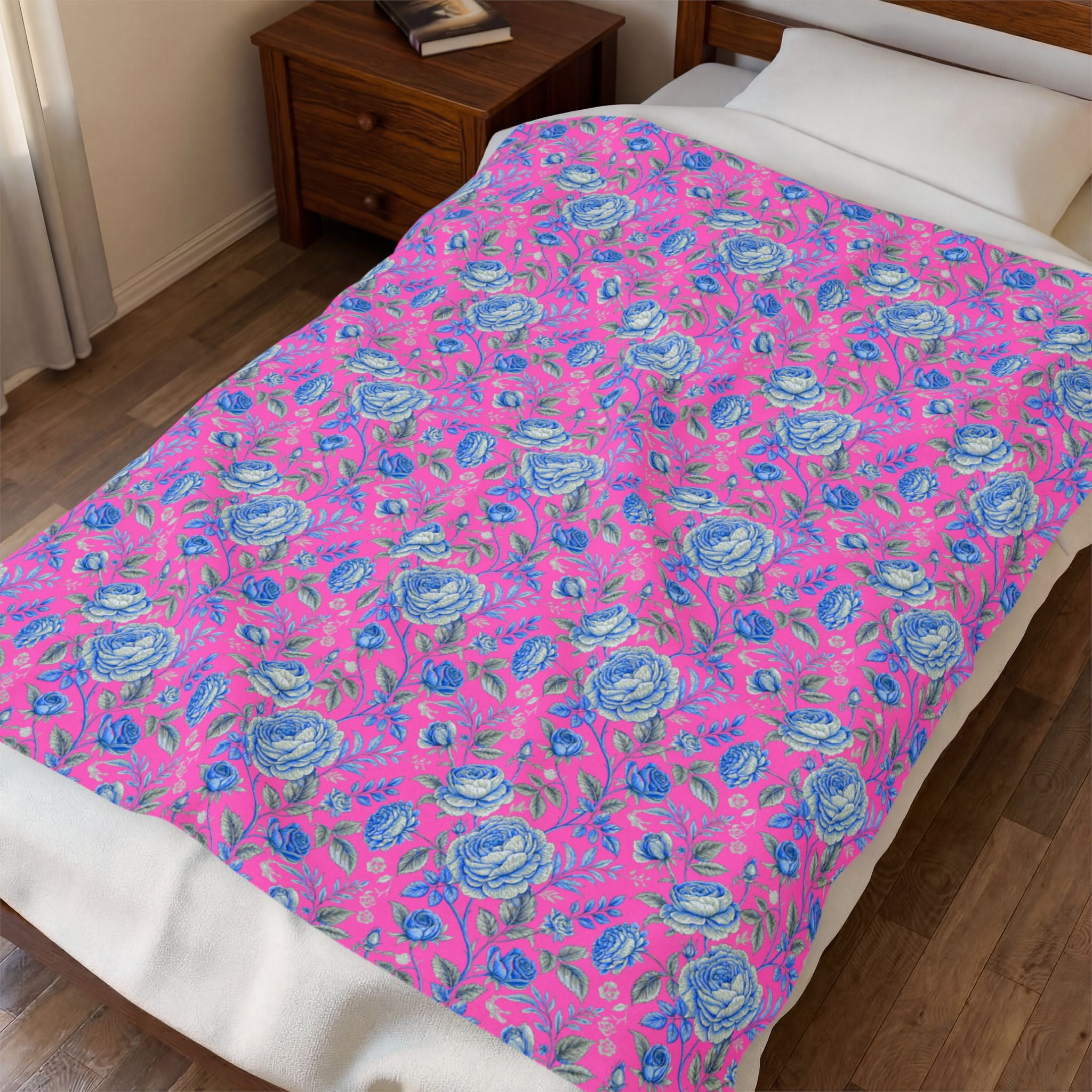 Pink & Blue Floral Velveteen Throw Blanket | Soft Plush Cozy Bedding