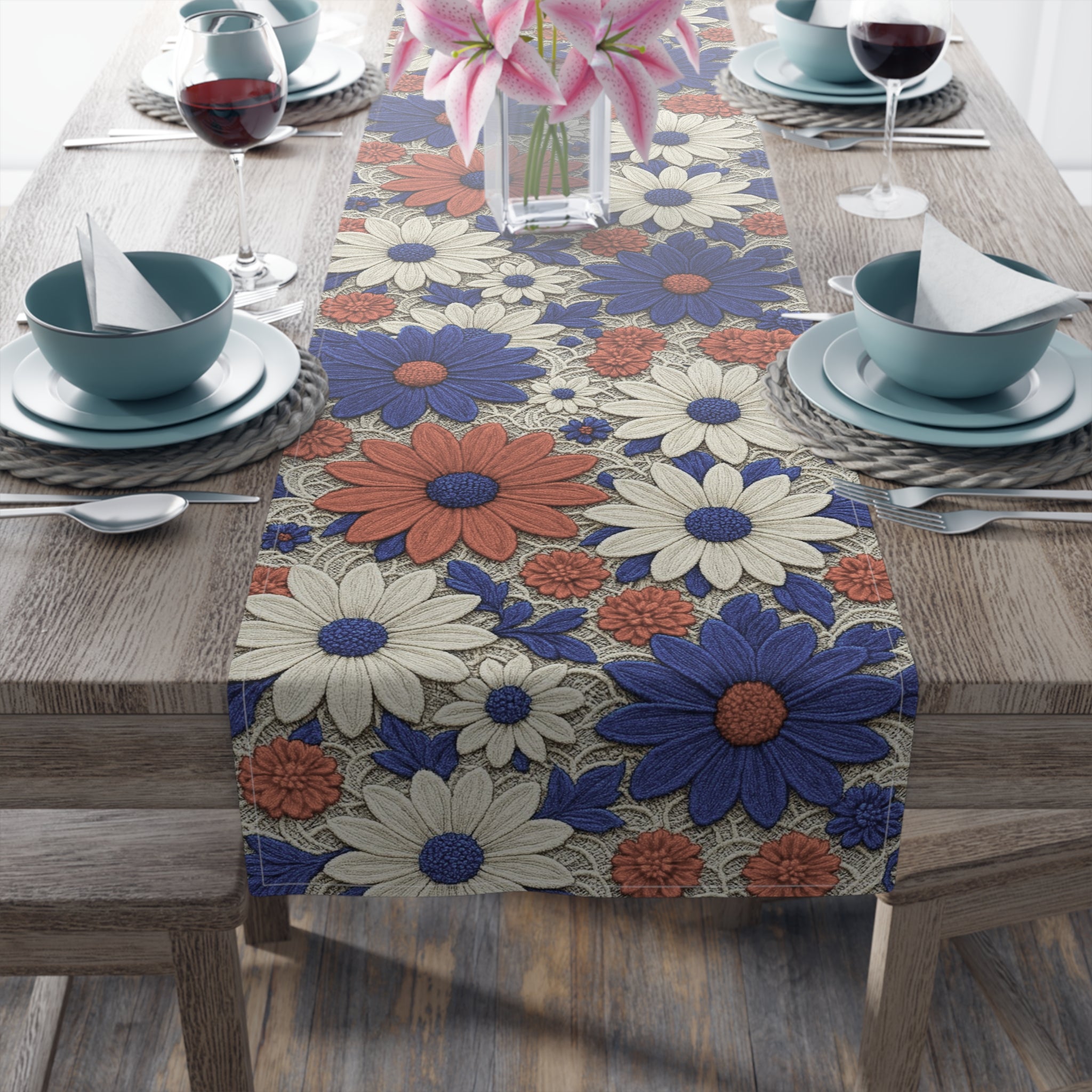 Retro Daisy Floral Table Runner — Vintage Farmhouse Boho Decor, Cotton or Polyester | BLUESKYDEZIGN