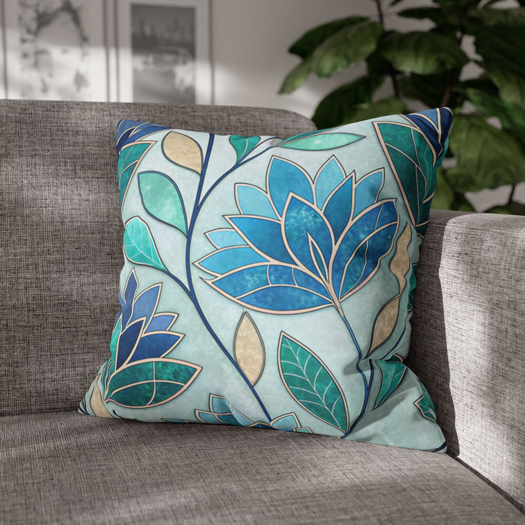 BLUESKYDEZIGN Teal Blue Mosaic Stained Glass Pillow Cover - Artistic Decor