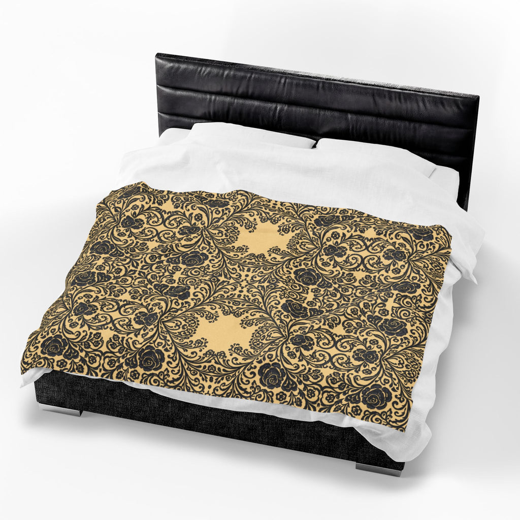 Velveteen Plush Blanket | Vintage Baroque Damask Gold Throw | BLUESKYDEZIGN