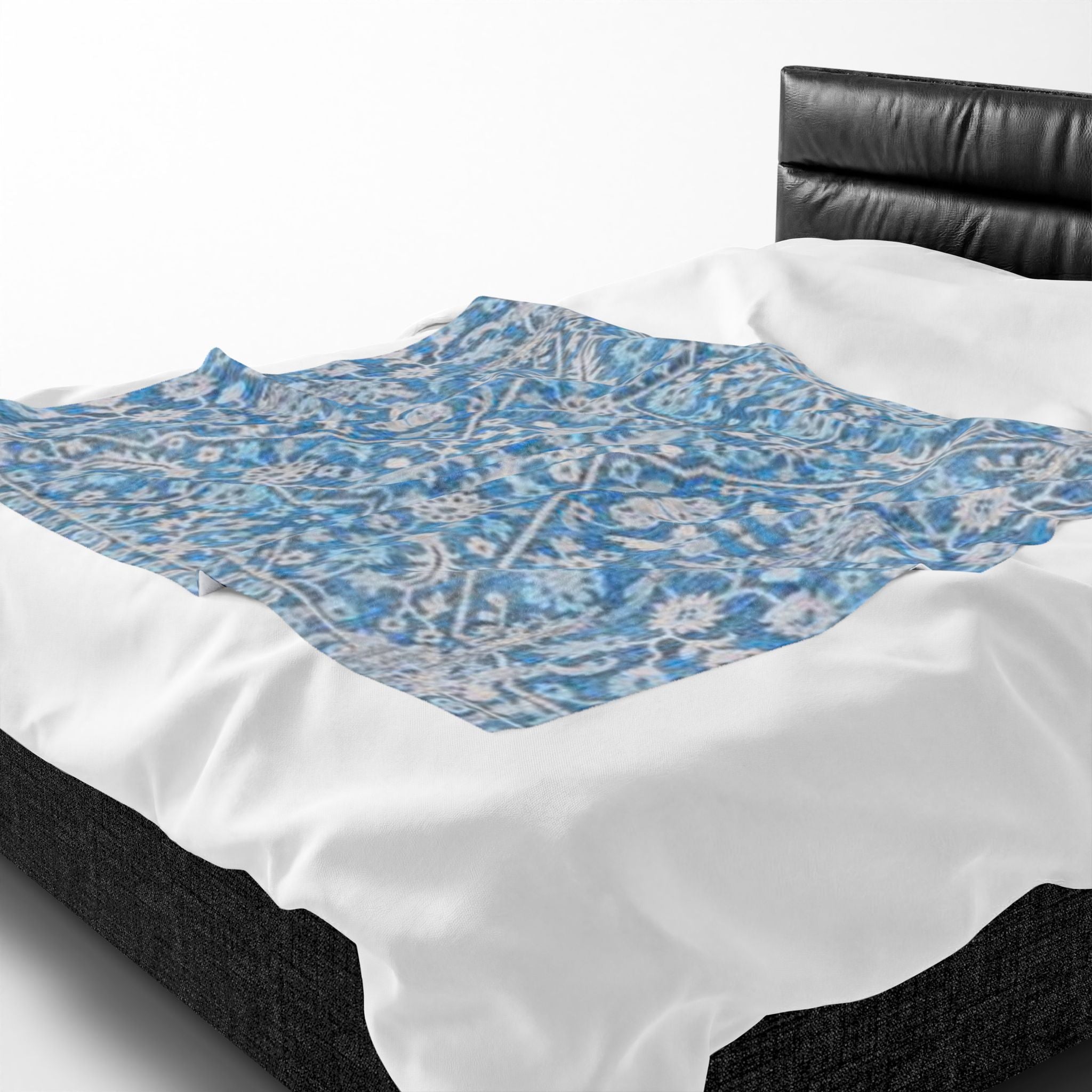 BLUESKYDEZIGN Grandmother's Heritage Velveteen Blanket - Blue Vintage Floral Boho Throw, Modern Rustic