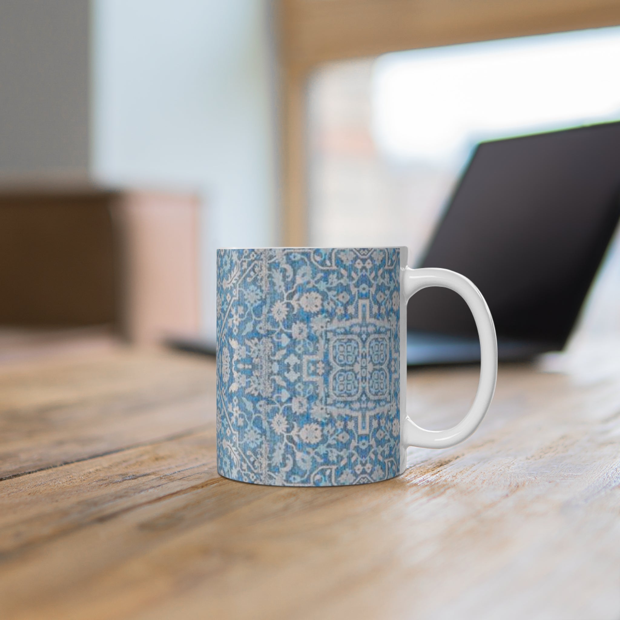 BLUESKYDEZIGN Grandmother's Heritage Mug - Blue Floral Tile Pattern, Wabi-Sabi Ceramic Coffee Cup