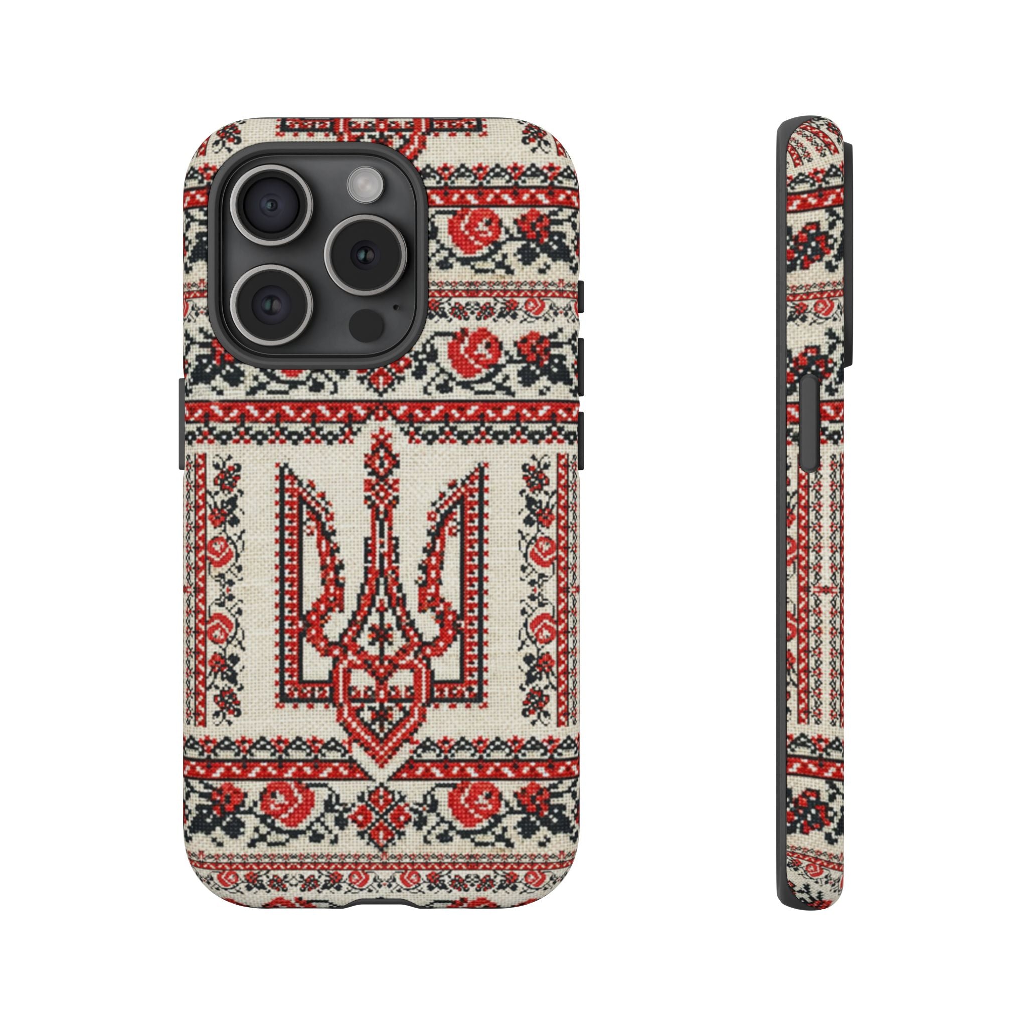 Ukrainian Trident Embroidery Phone Case • Red Black Trident Pattern • Protective Folk Art Cover for iPhone & Samsung
